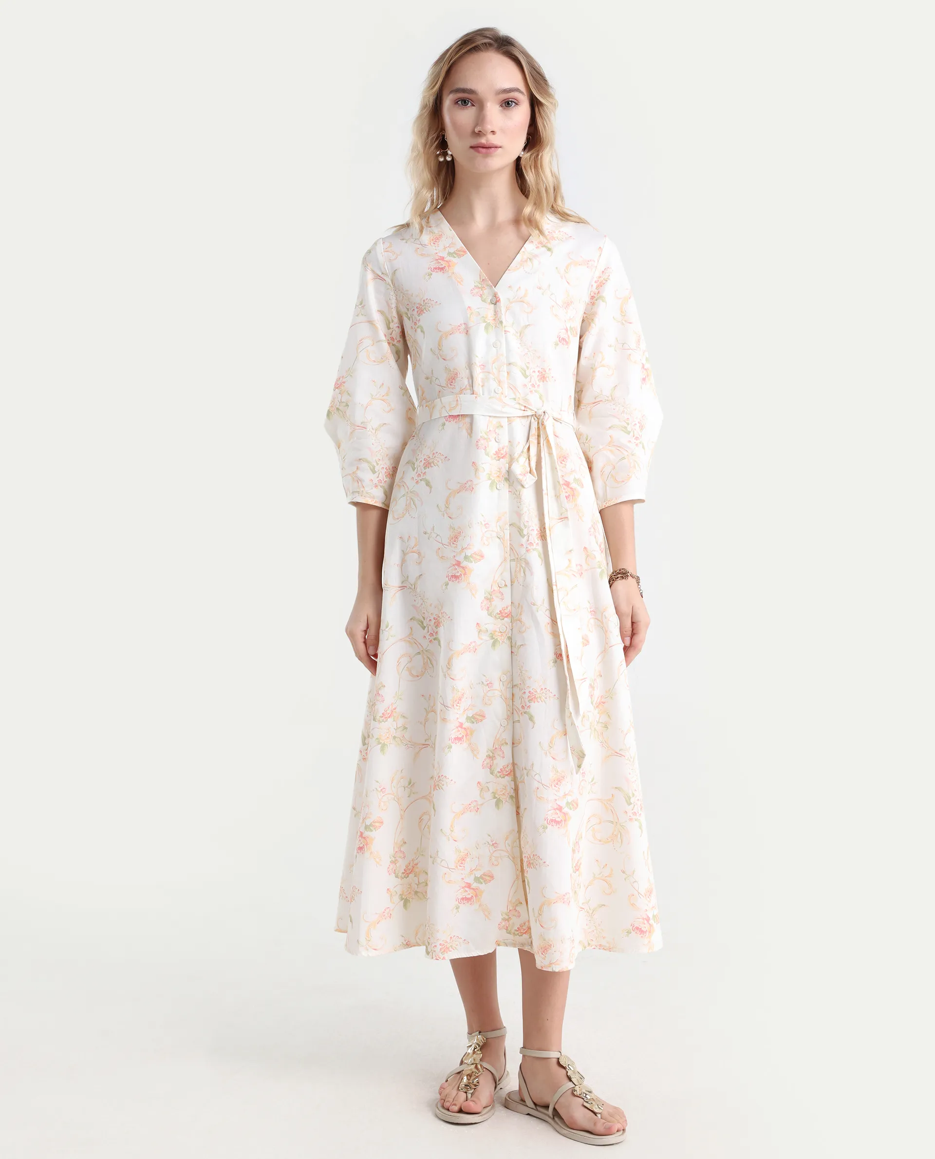 Rareism Women's Preu White Cotton V-Neck Floral Print Balloon Sleeve Midi Straight Fit Dress - Image 3