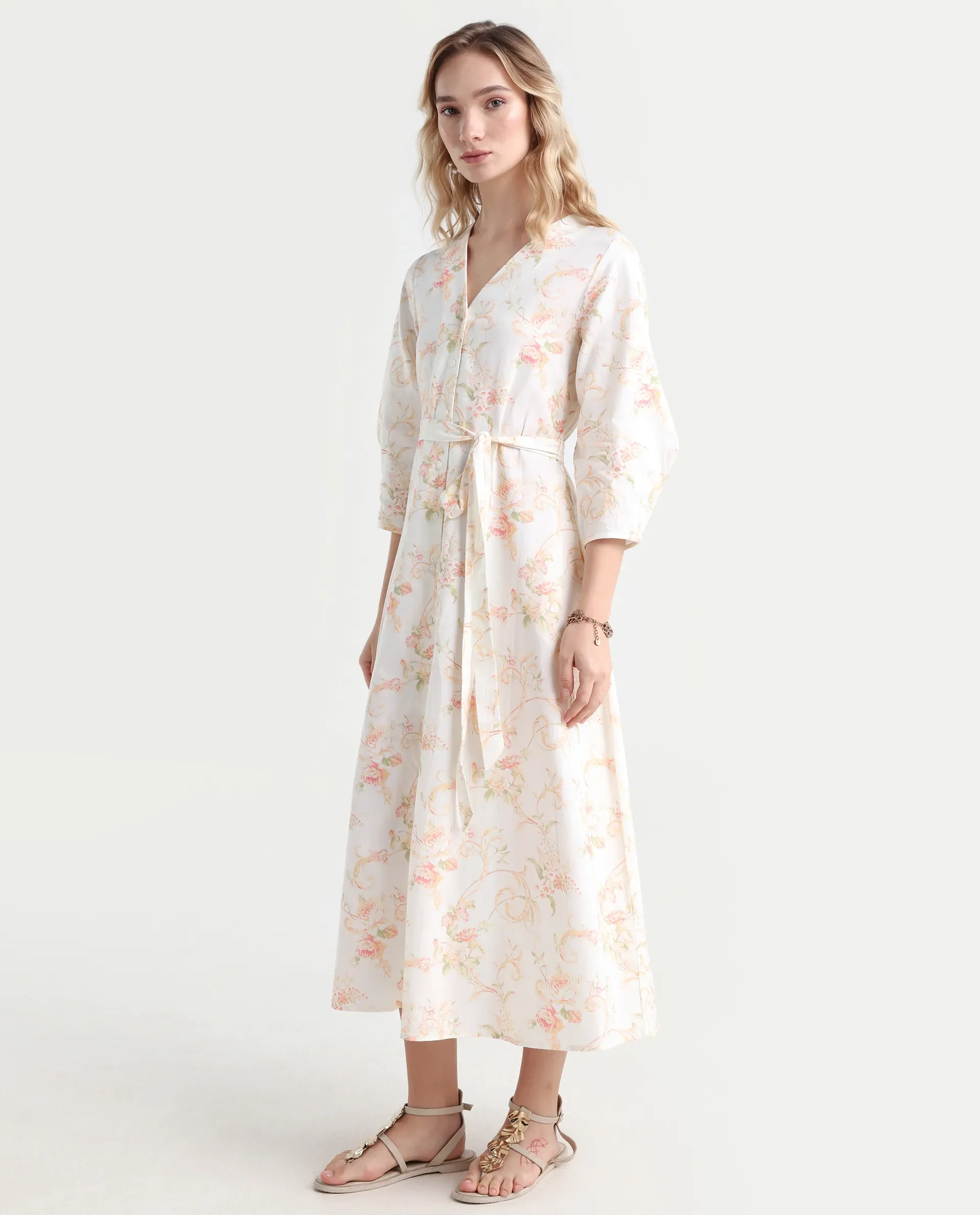 Rareism Women's Preu White Cotton V-Neck Floral Print Balloon Sleeve Midi Straight Fit Dress - Image 5