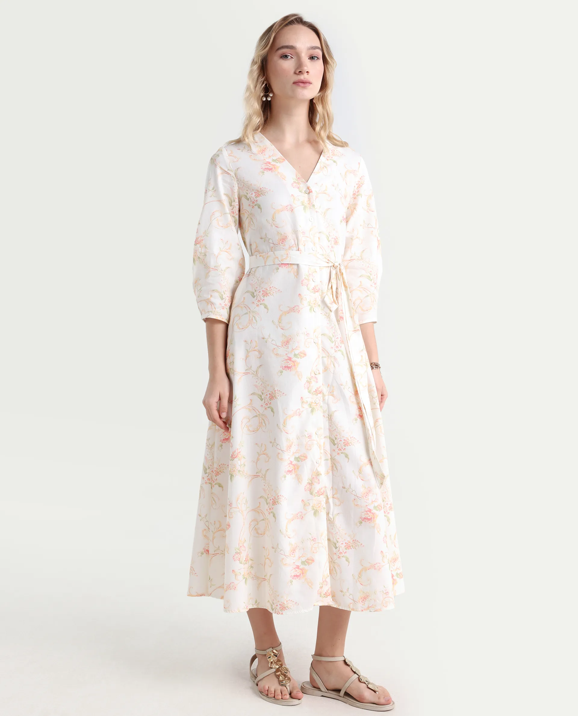 Rareism Women's Preu White Cotton V-Neck Floral Print Balloon Sleeve Midi Straight Fit Dress - Image 6