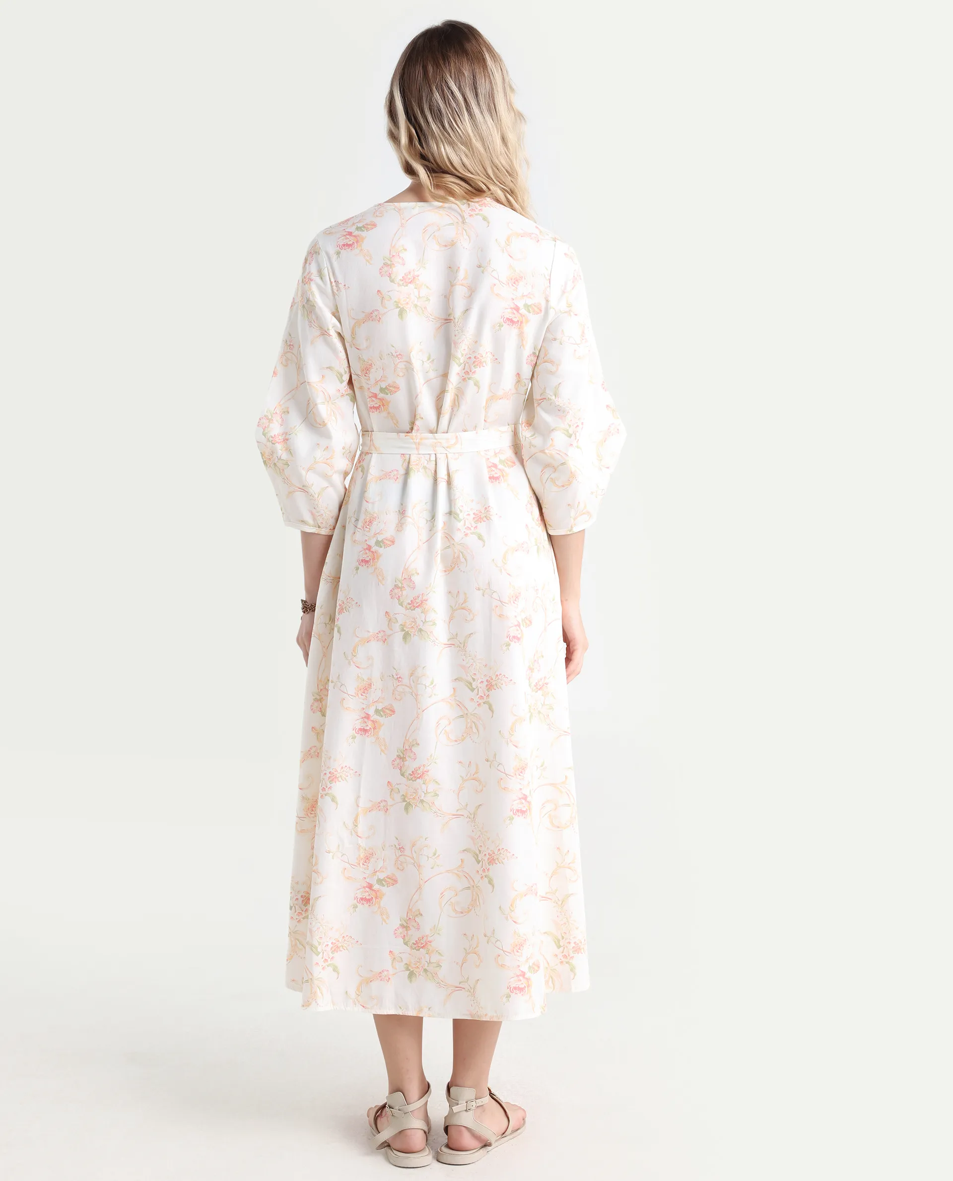 Rareism Women's Preu White Cotton V-Neck Floral Print Balloon Sleeve Midi Straight Fit Dress - Image 7