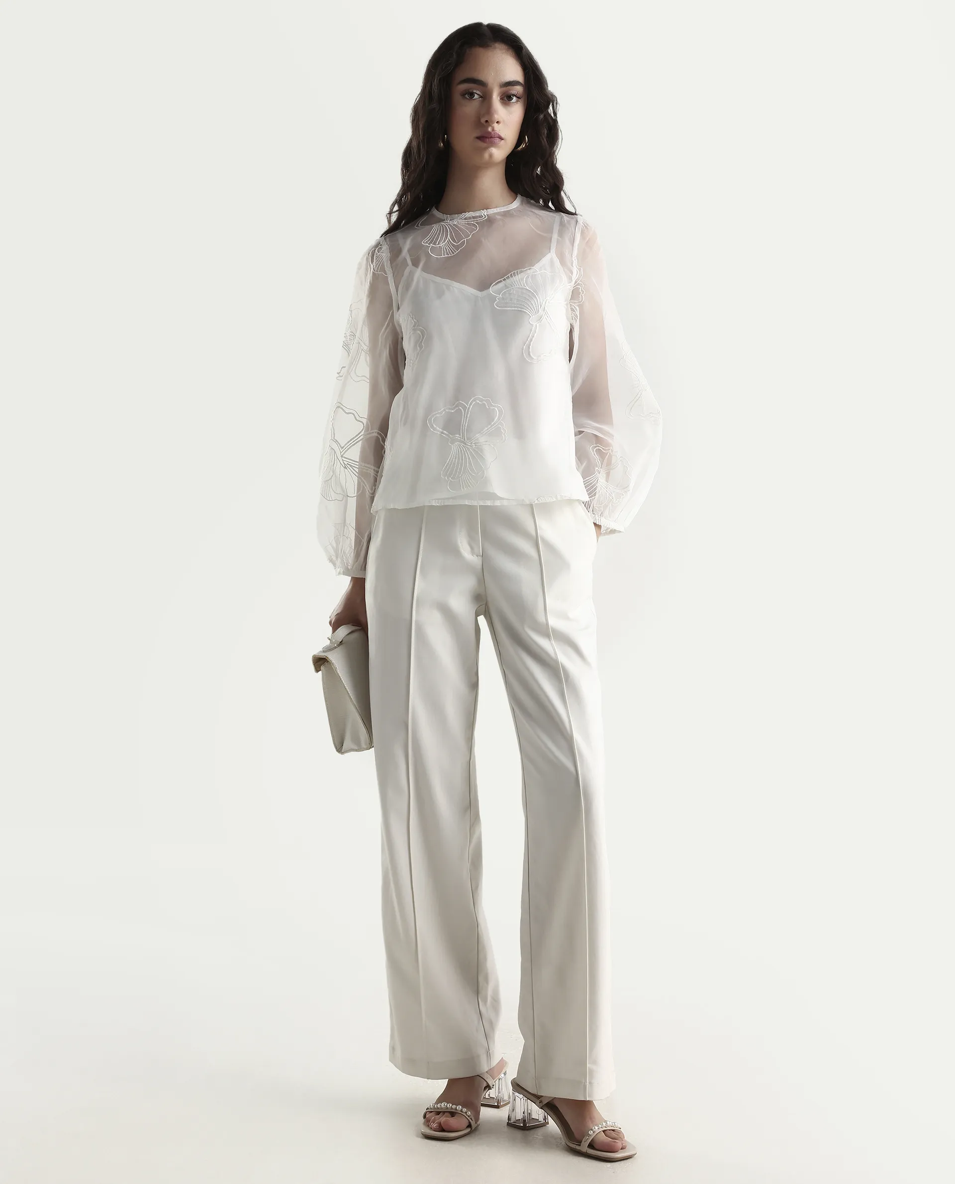 Rareism Women's Prevan White Polyester Round Neck Plain Bishop Sleeve Regular Fit Top - Image 2