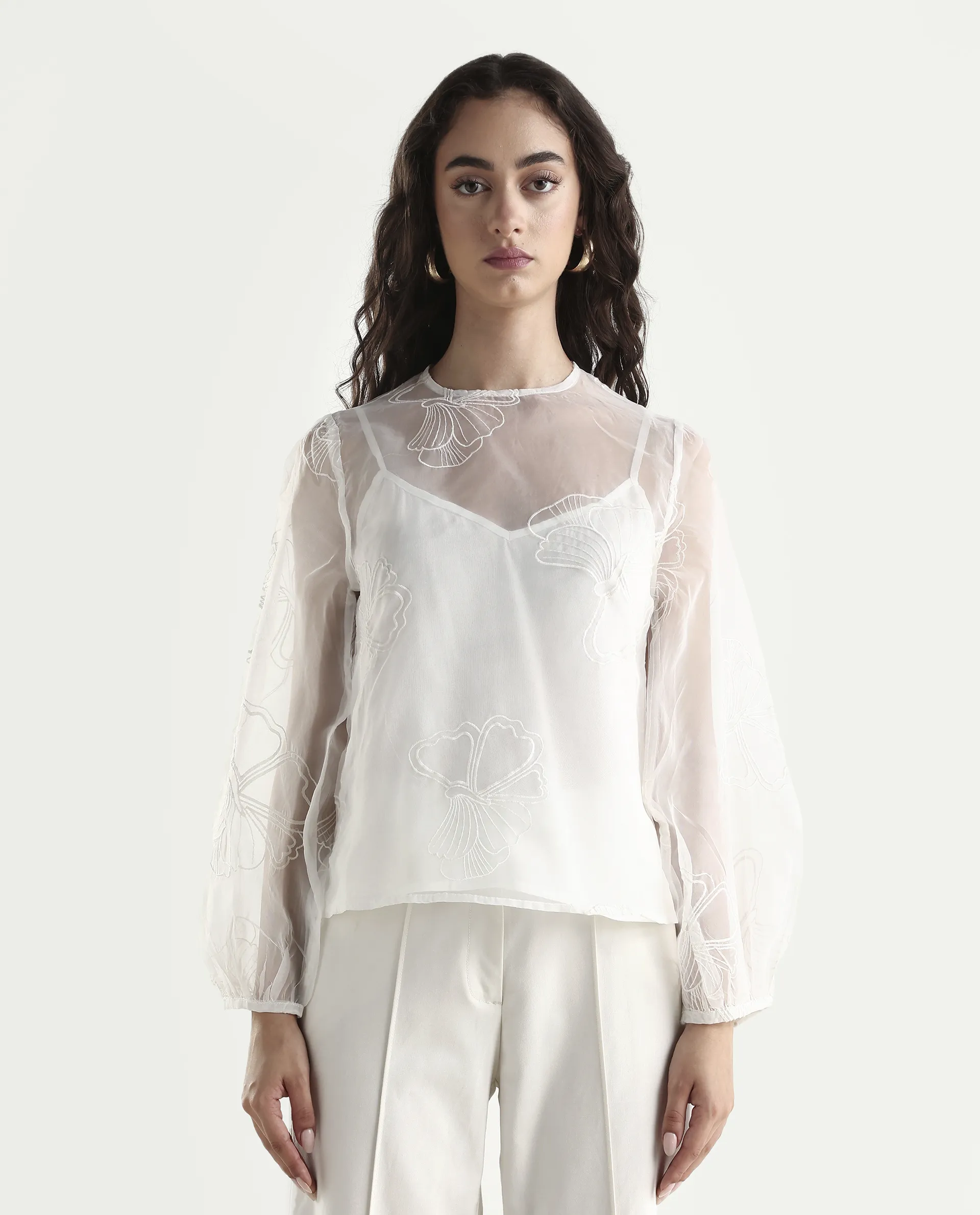 Rareism Women's Prevan White Polyester Round Neck Plain Bishop Sleeve Regular Fit Top - Image 3