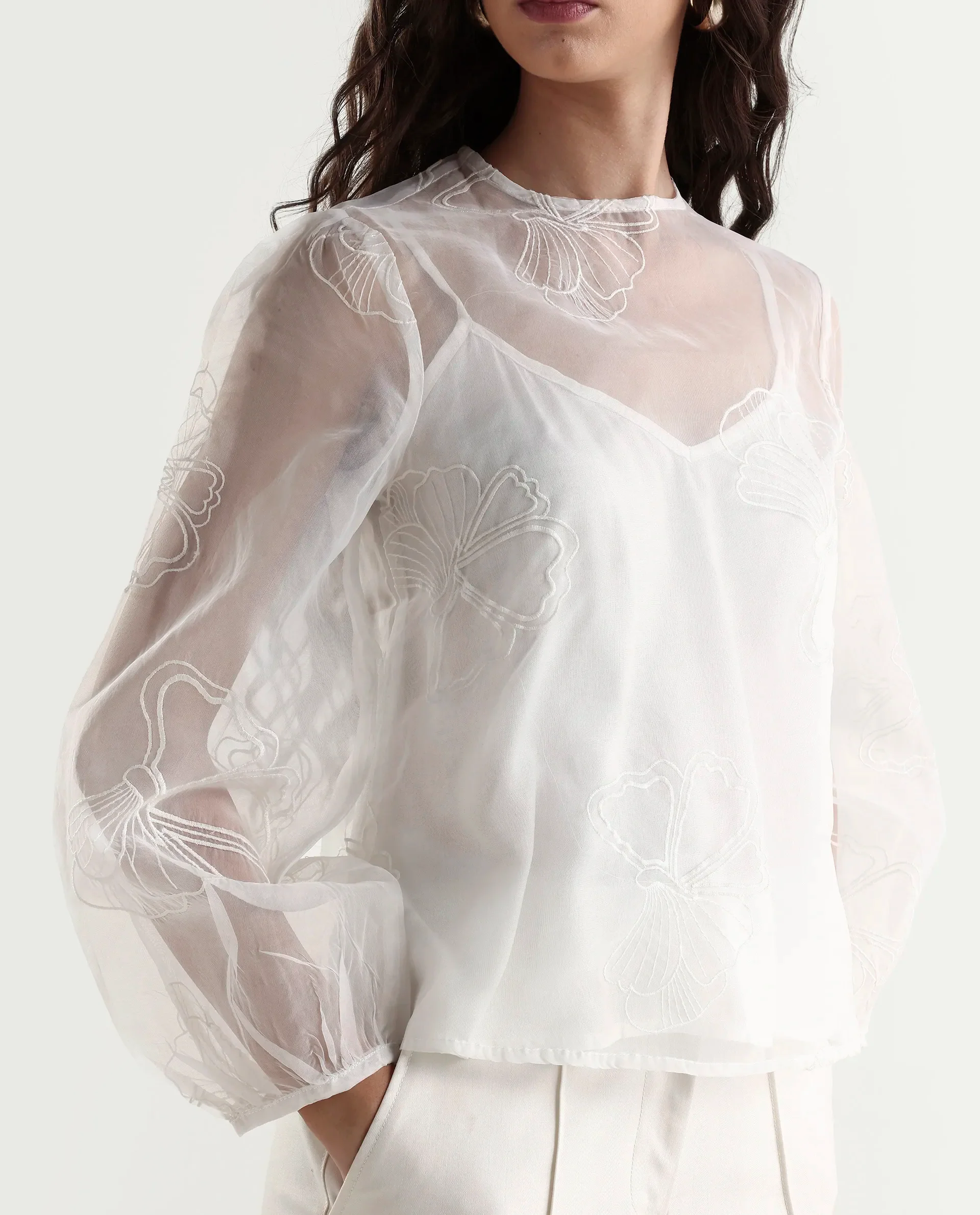 Rareism Women's Prevan White Polyester Round Neck Plain Bishop Sleeve Regular Fit Top - Image 4