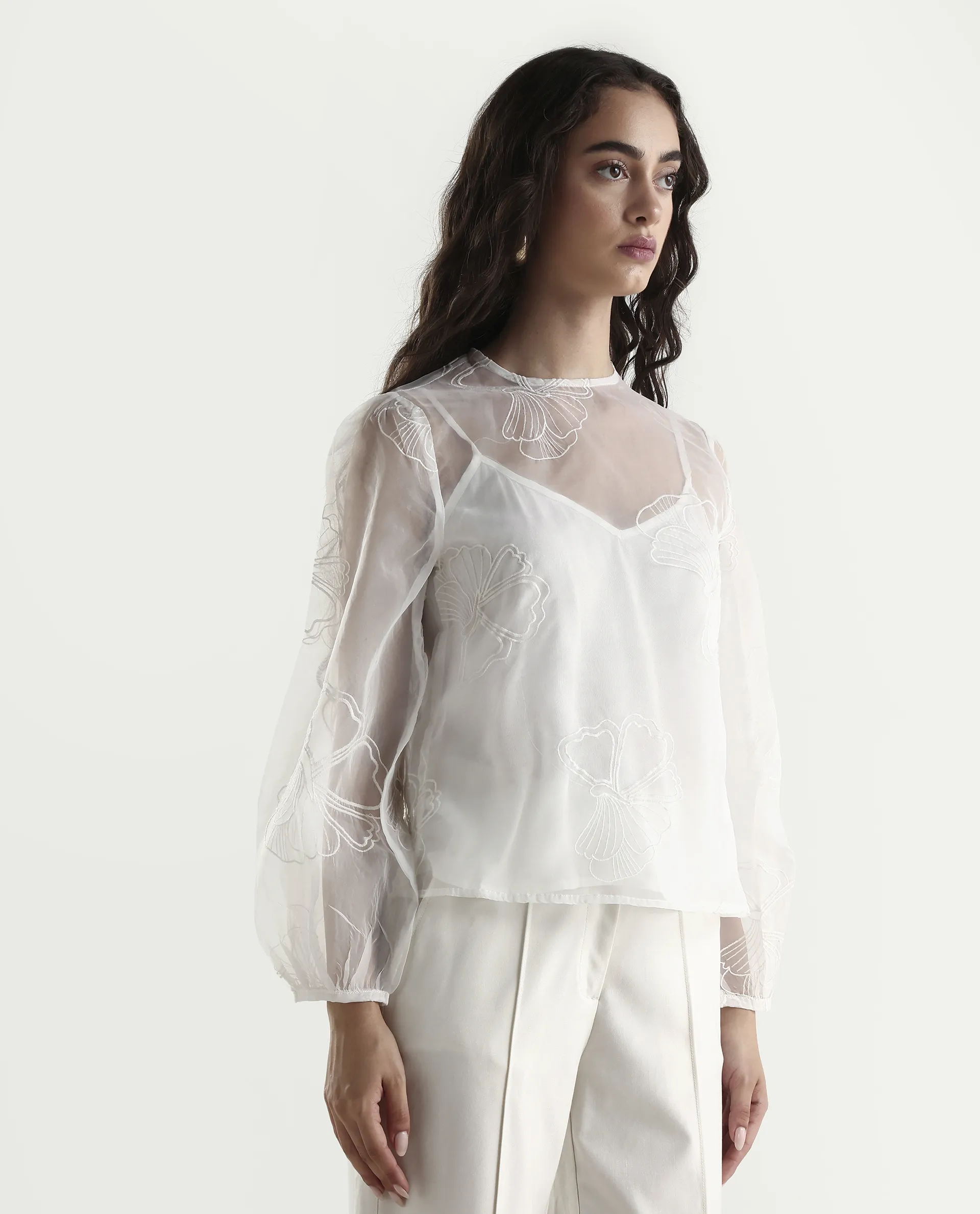 Rareism Women's Prevan White Polyester Round Neck Plain Bishop Sleeve Regular Fit Top - Image 6
