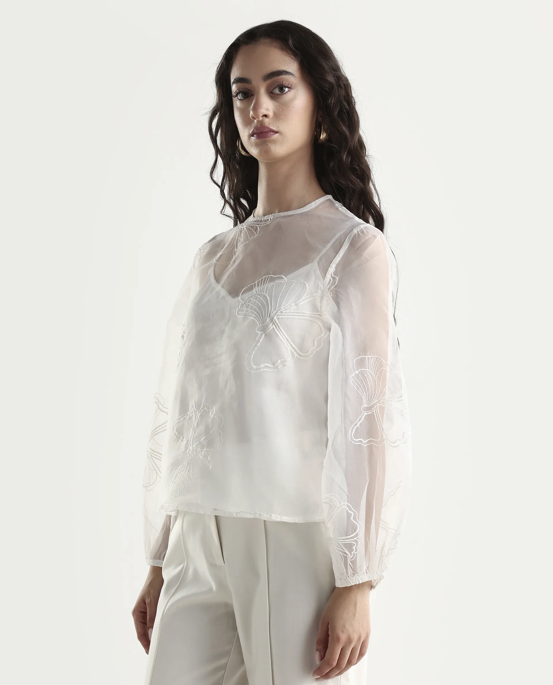 Rareism Women's Prevan White Polyester Round Neck Plain Bishop Sleeve Regular Fit Top - Image 7