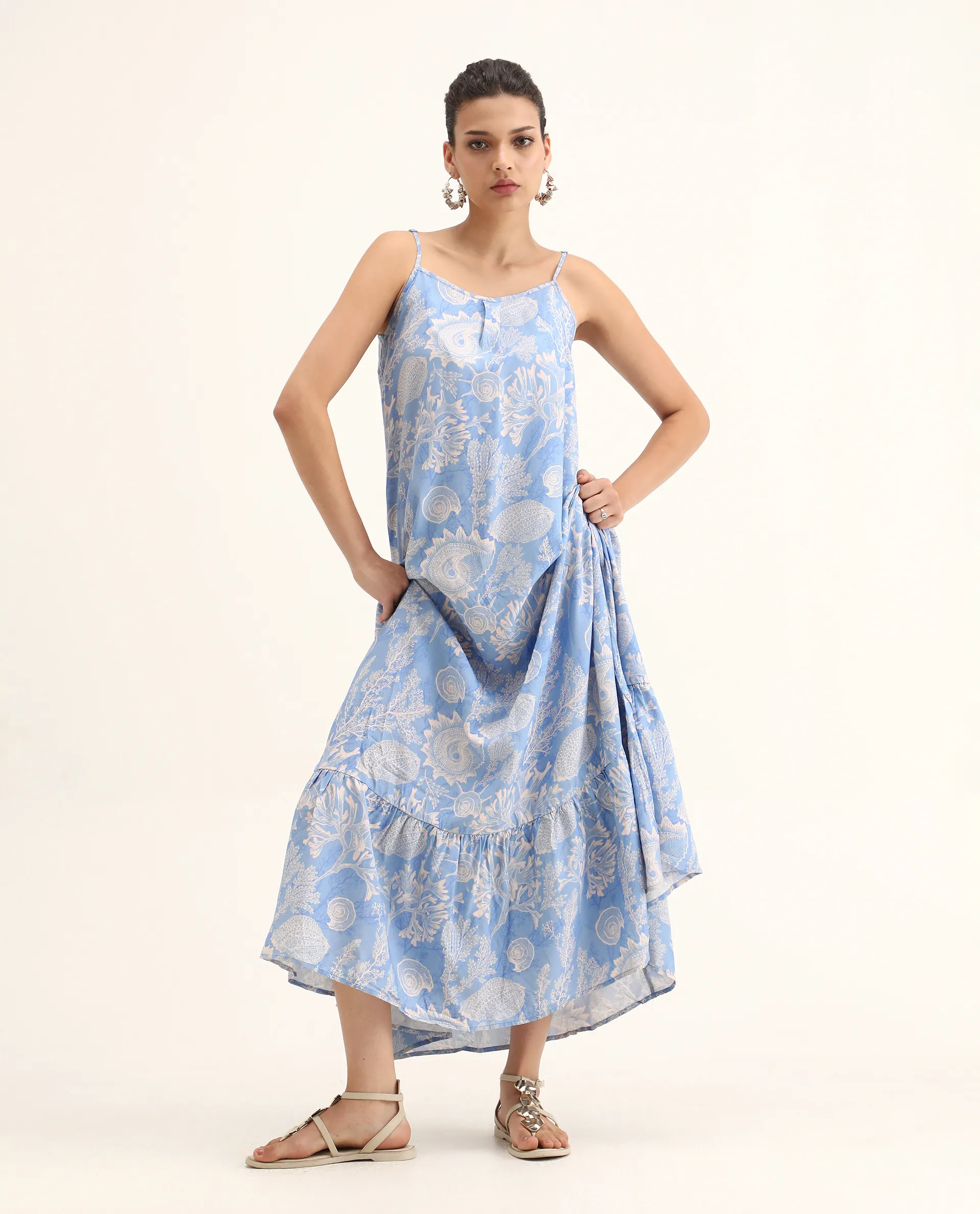 Rareism Women's Prevus Blue Viscose Shoulder Strap Abstract Print Sleeveless Maxi Flared Dress - Image 2