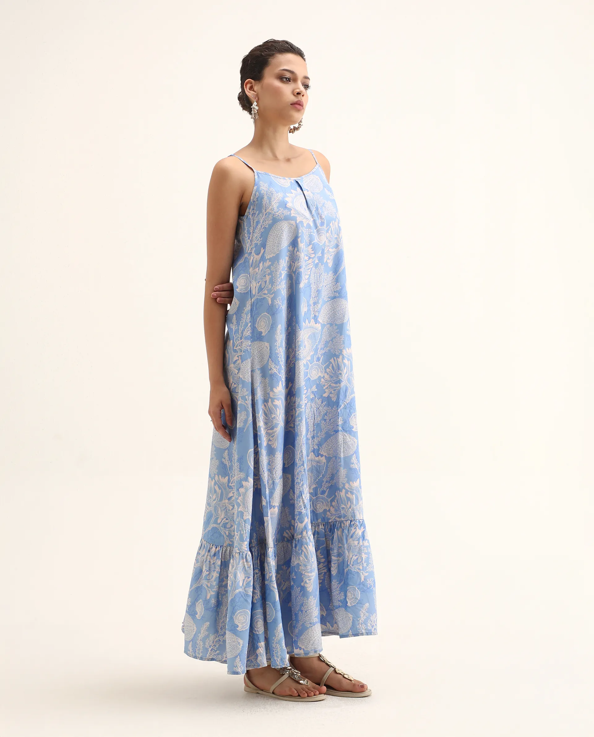Rareism Women's Prevus Blue Viscose Shoulder Strap Abstract Print Sleeveless Maxi Flared Dress - Image 5