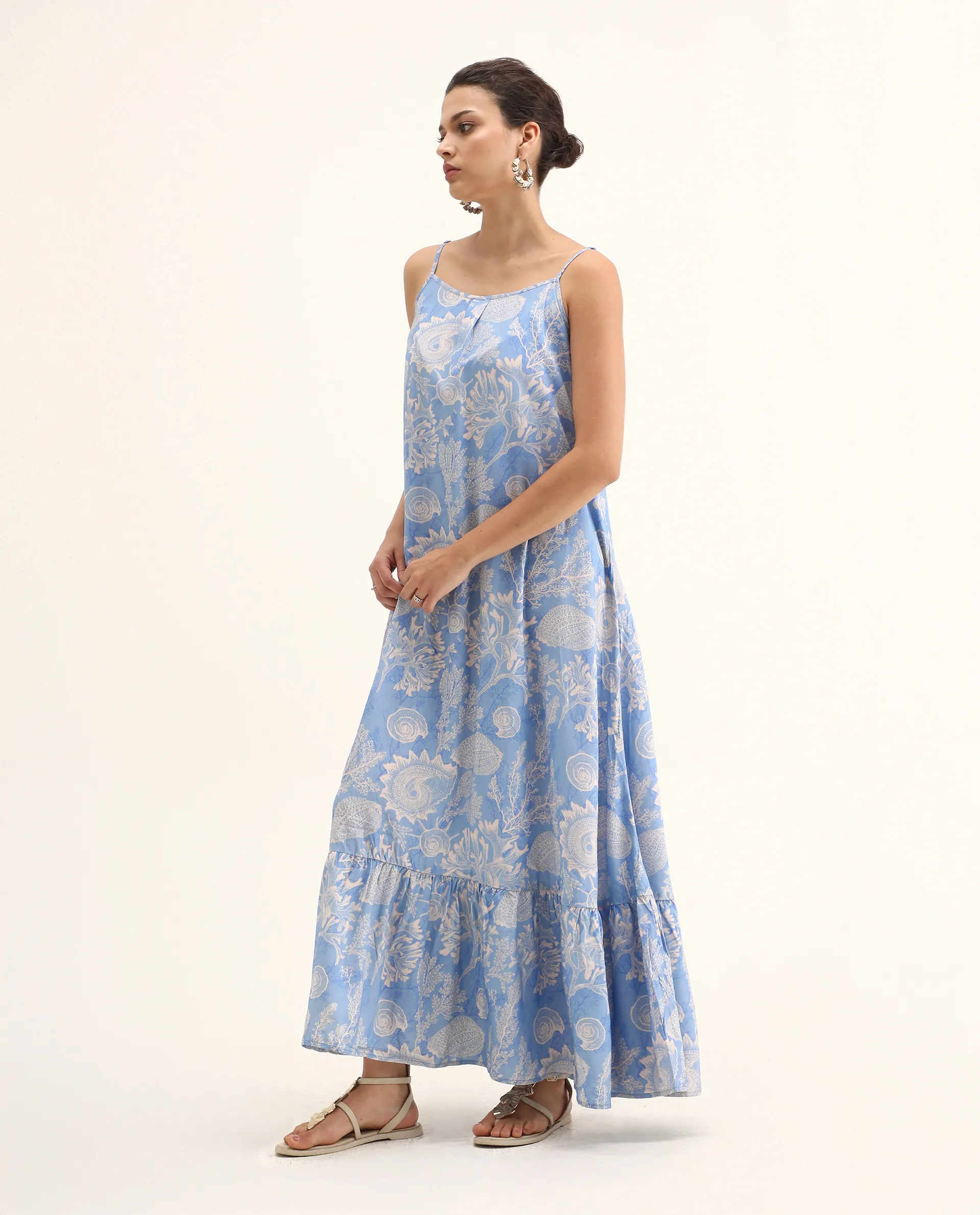 Rareism Women's Prevus Blue Viscose Shoulder Strap Abstract Print Sleeveless Maxi Flared Dress - Image 6