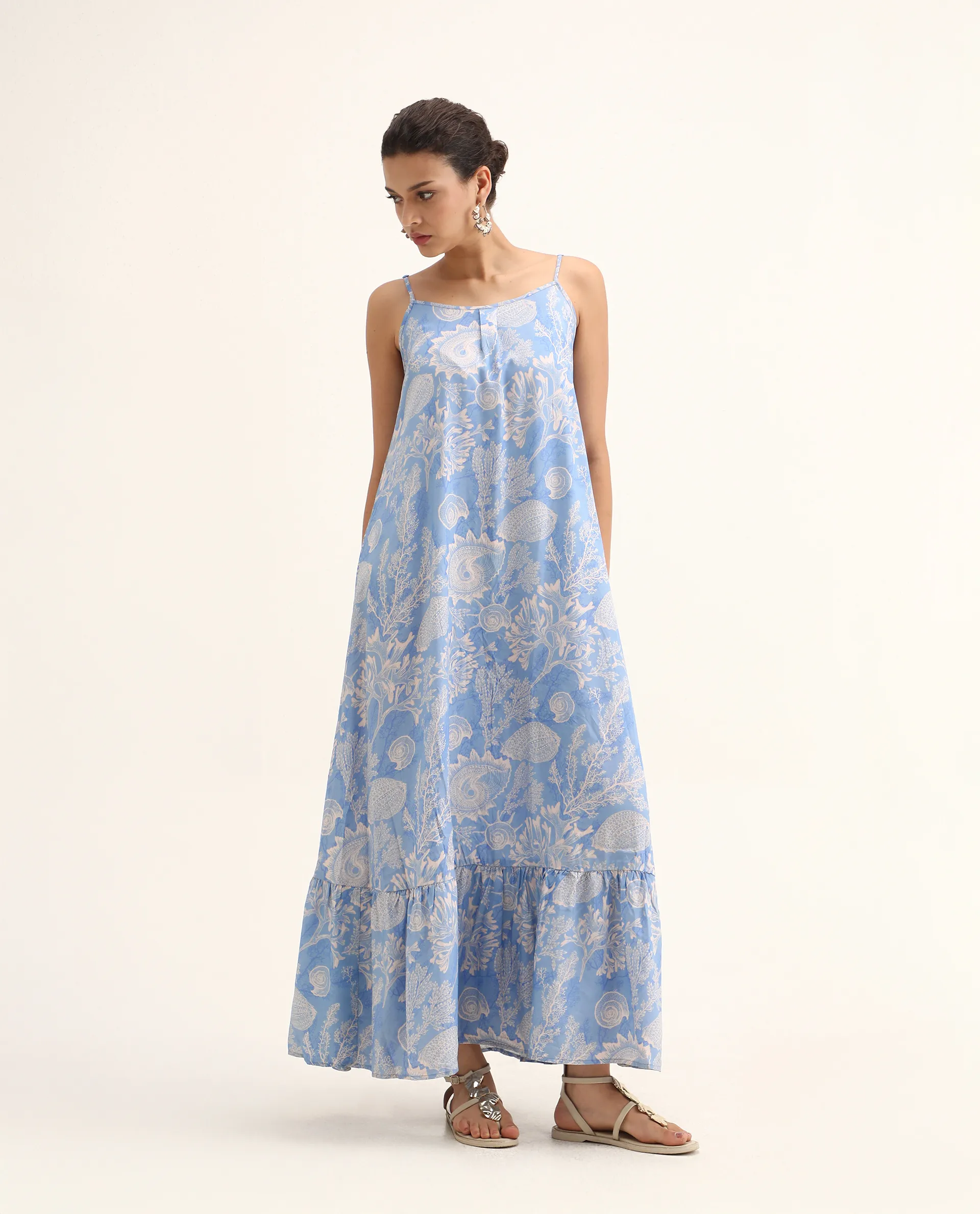 Rareism Women's Prevus Blue Viscose Shoulder Strap Abstract Print Sleeveless Maxi Flared Dress - Image 7