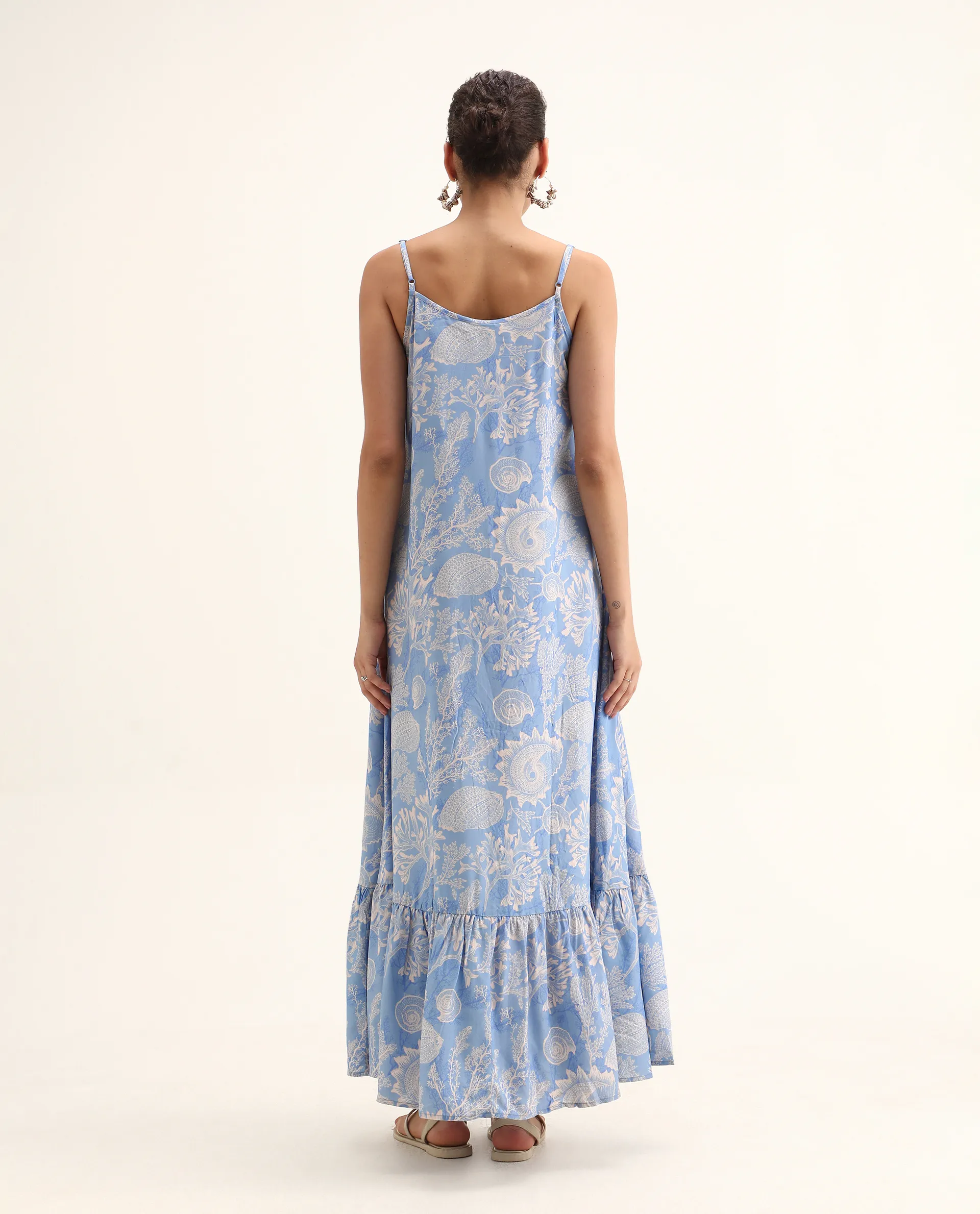Rareism Women's Prevus Blue Viscose Shoulder Strap Abstract Print Sleeveless Maxi Flared Dress - Image 8