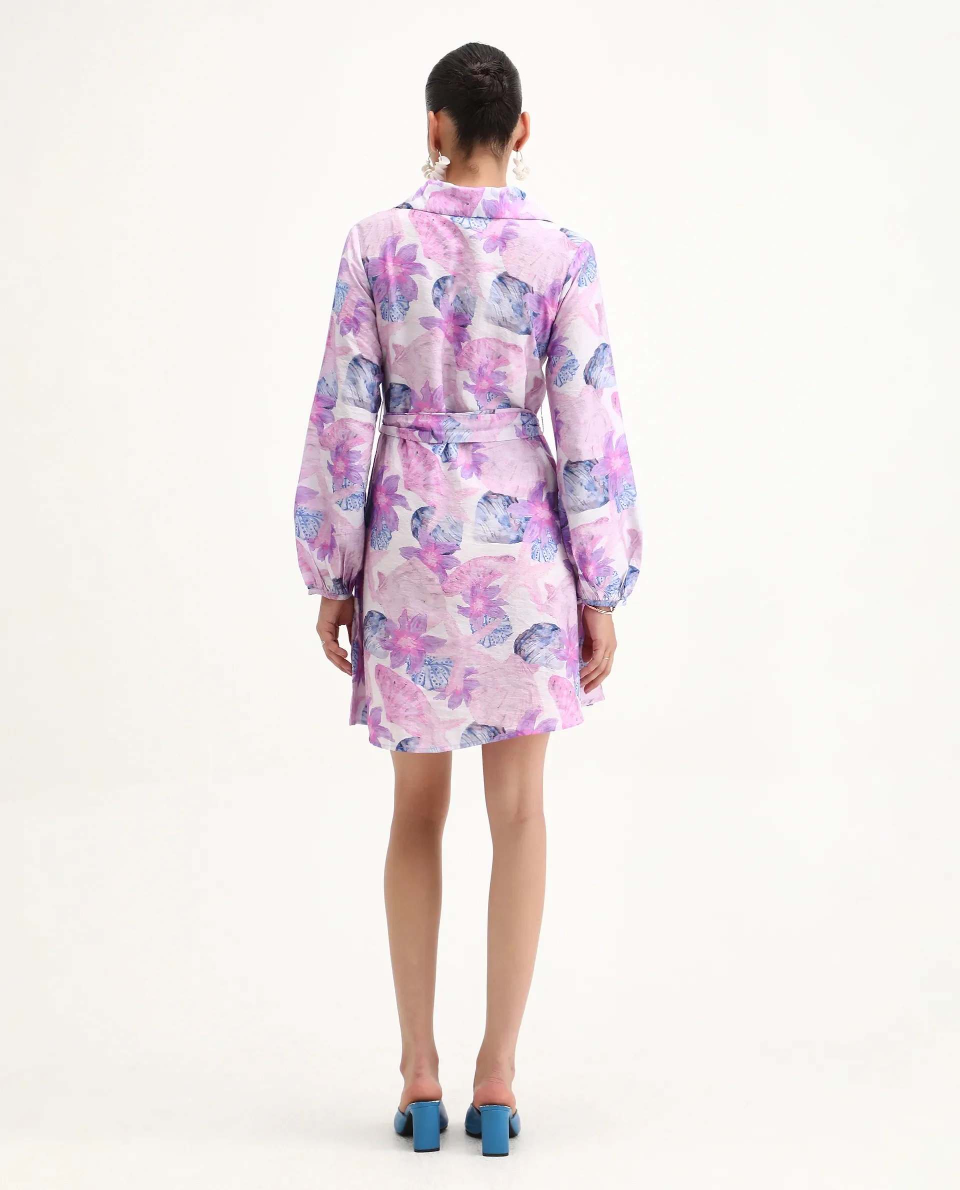 Rareism Women's Prewern Multi Viscose Blend Spread Collar Floral Print Bishop Sleeve Mini A-Line Dress - Image 2