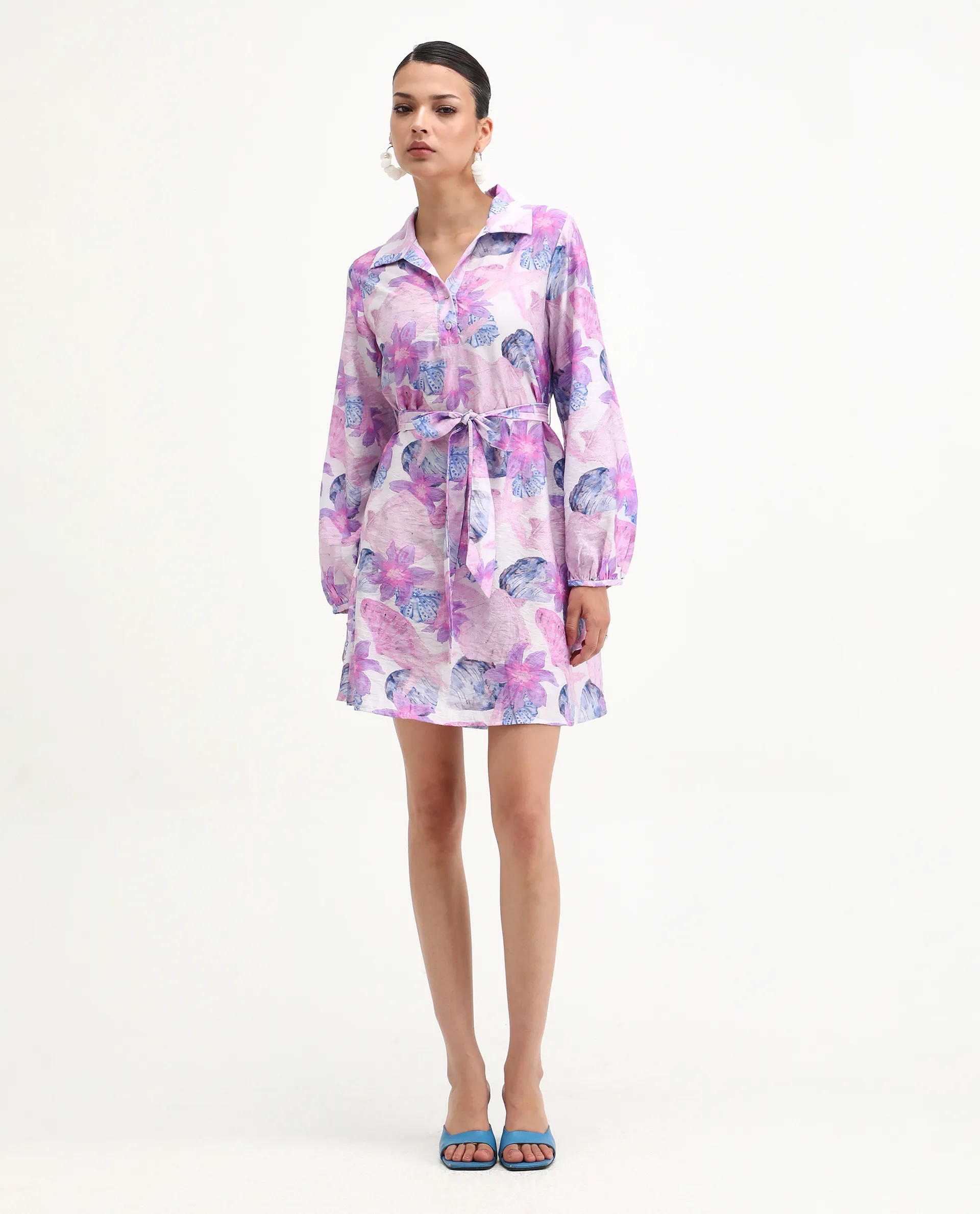 Rareism Women's Prewern Multi Viscose Blend Spread Collar Floral Print Bishop Sleeve Mini A-Line Dress - Image 3