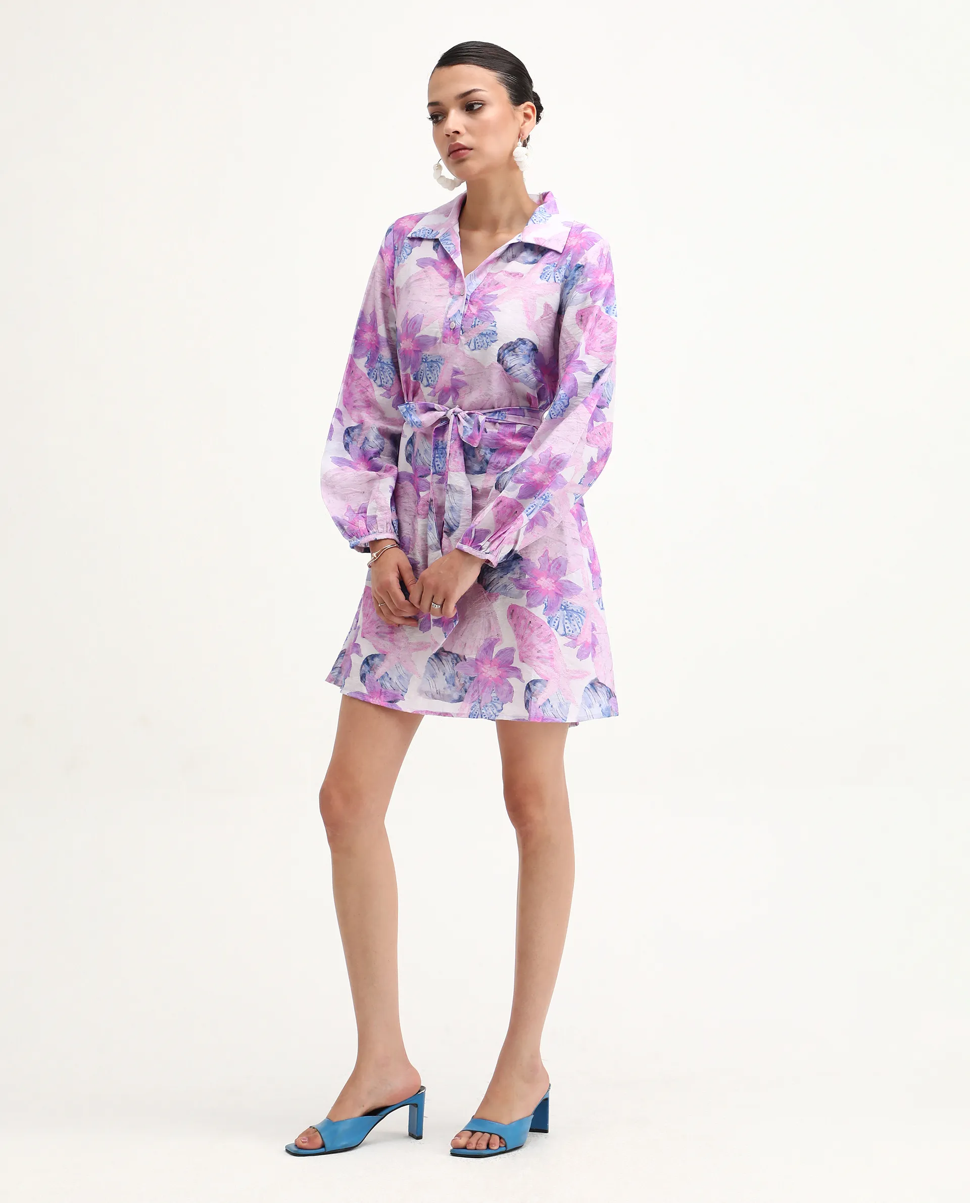 Rareism Women's Prewern Multi Viscose Blend Spread Collar Floral Print Bishop Sleeve Mini A-Line Dress - Image 4