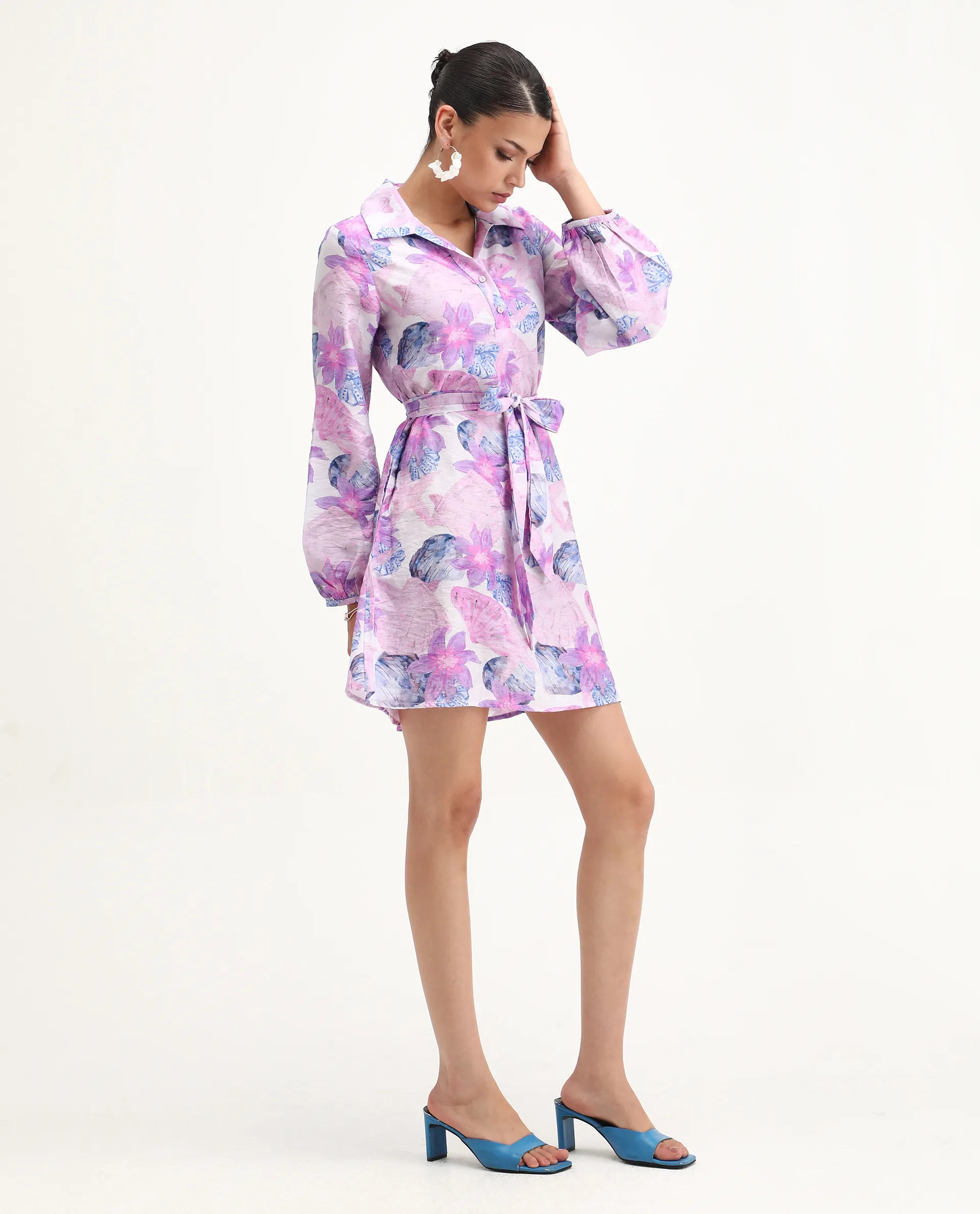 Rareism Women's Prewern Multi Viscose Blend Spread Collar Floral Print Bishop Sleeve Mini A-Line Dress - Image 5