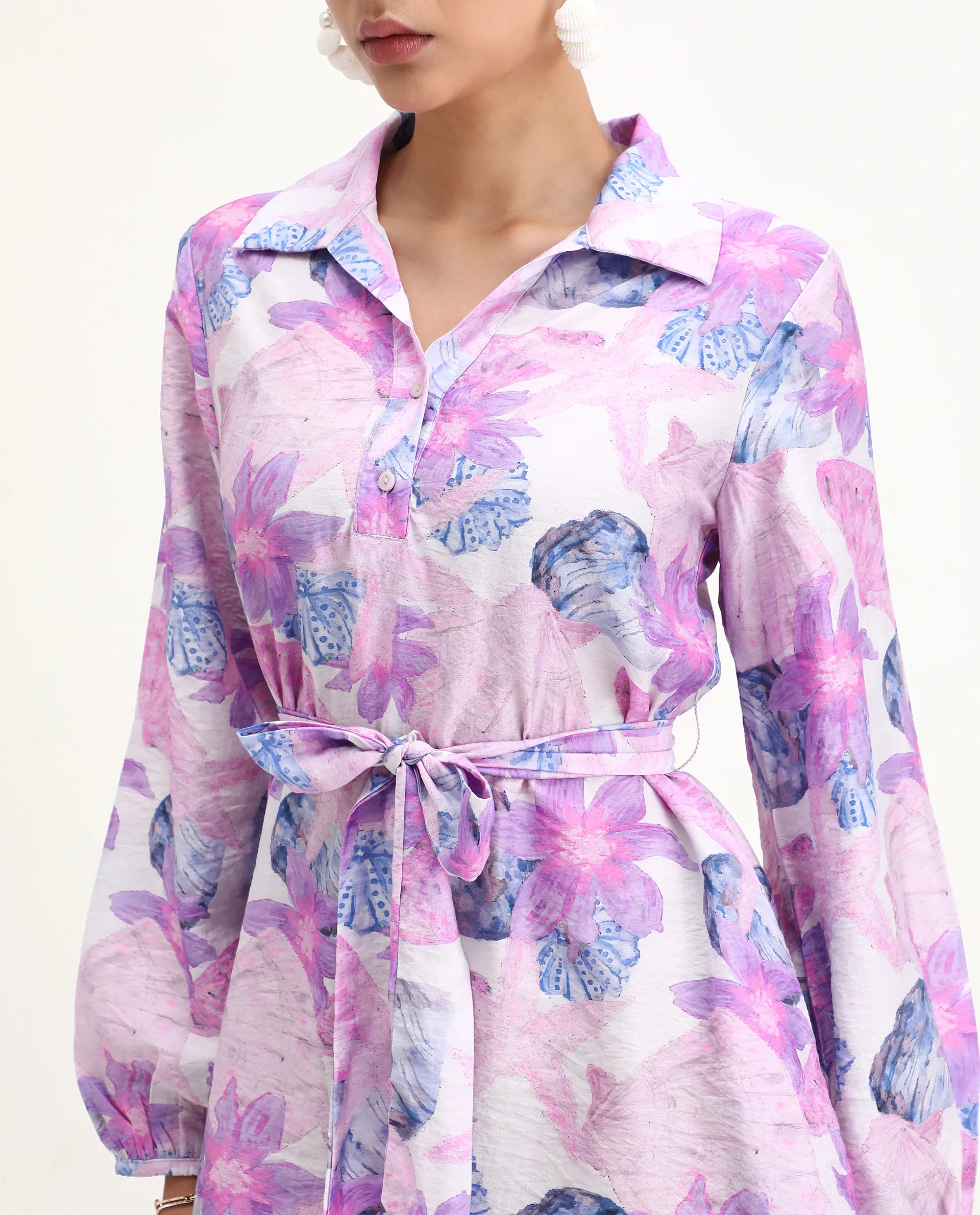 Rareism Women's Prewern Multi Viscose Blend Spread Collar Floral Print Bishop Sleeve Mini A-Line Dress - Image 6