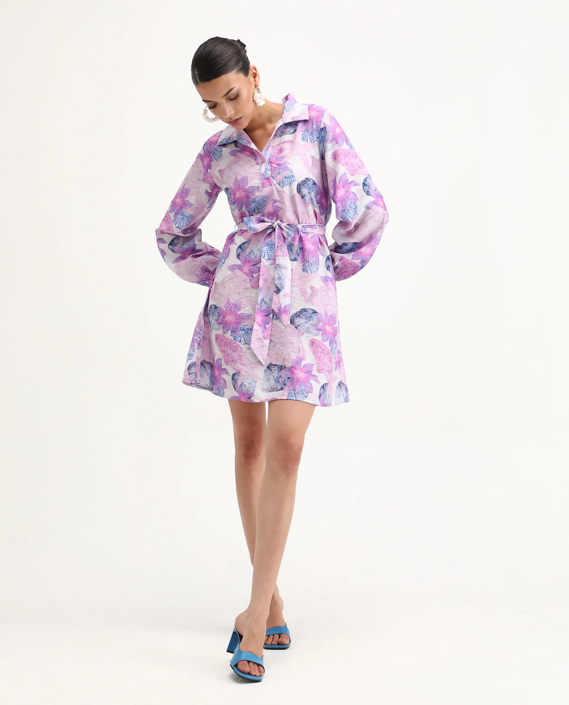 Rareism Women's Prewern Multi Viscose Blend Spread Collar Floral Print Bishop Sleeve Mini A-Line Dress - Image 7