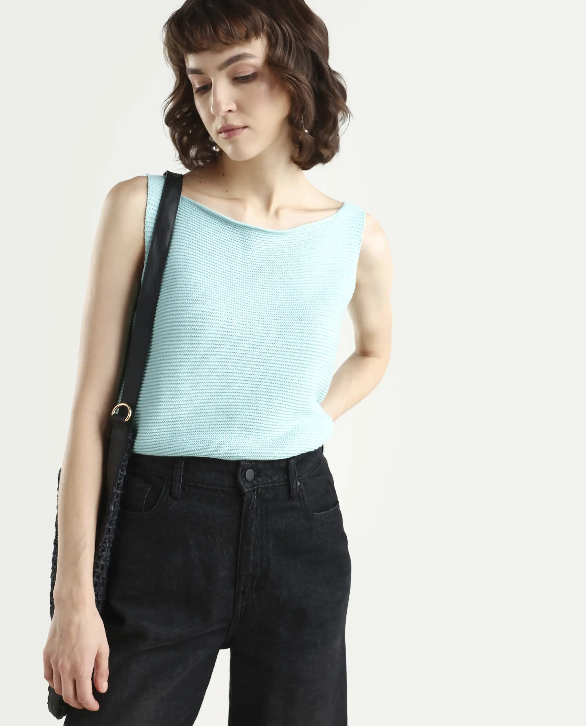 Rareism Women's Prewig Light Blue Cotton Scoop Neck Plain Sleeveless Regular Fit Top