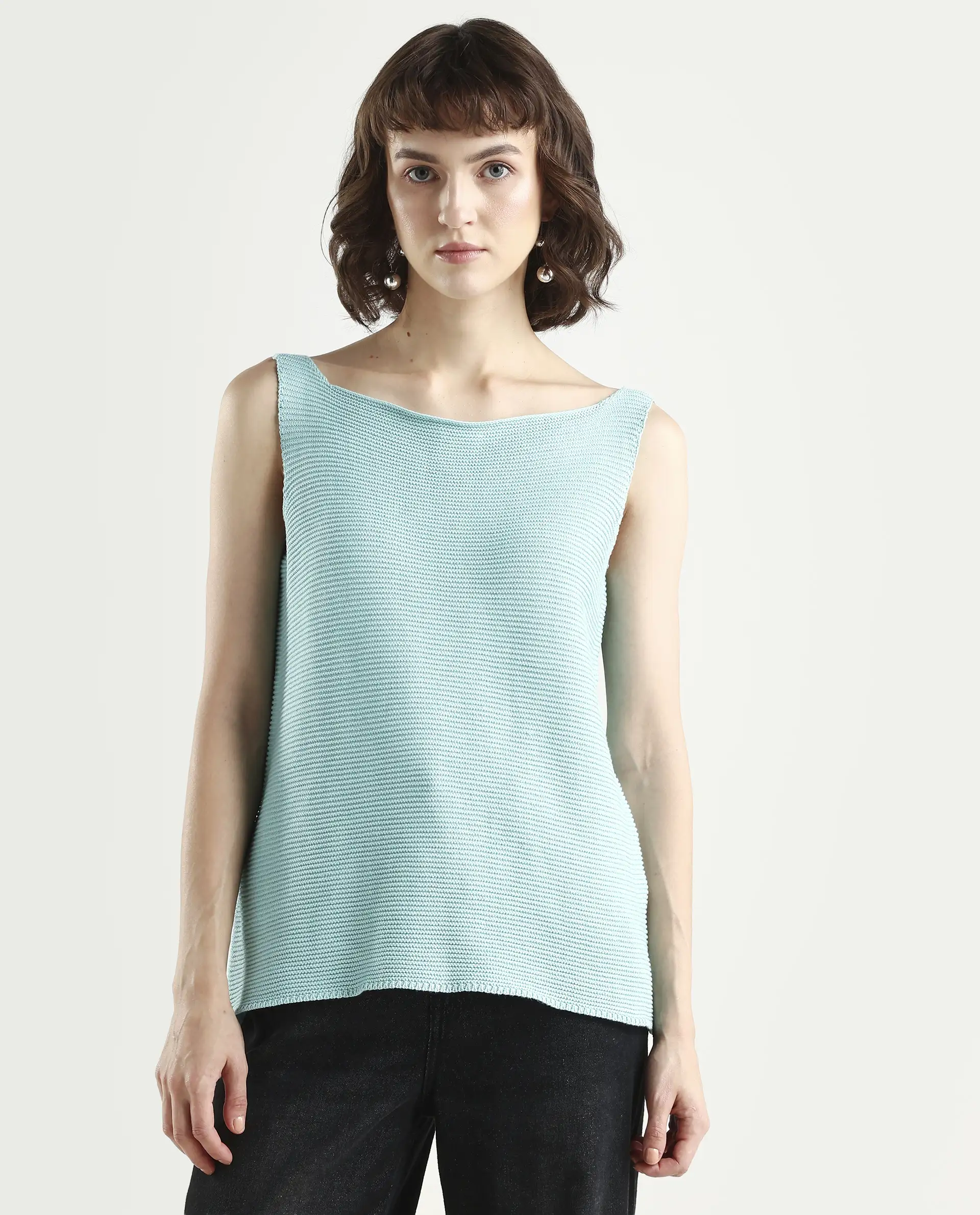Rareism Women's Prewig Light Blue Cotton Scoop Neck Plain Sleeveless Regular Fit Top - Image 3