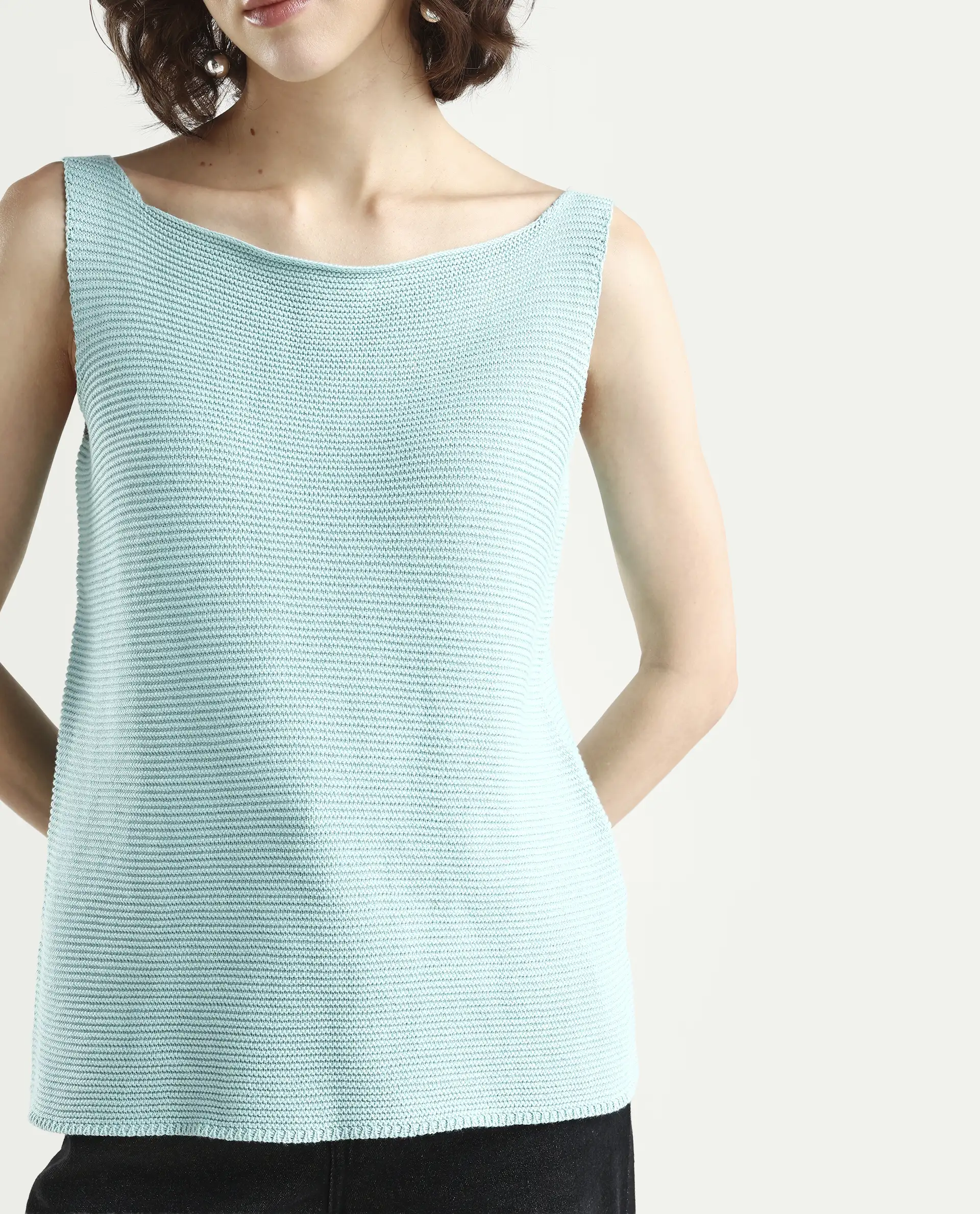 Rareism Women's Prewig Light Blue Cotton Scoop Neck Plain Sleeveless Regular Fit Top - Image 4