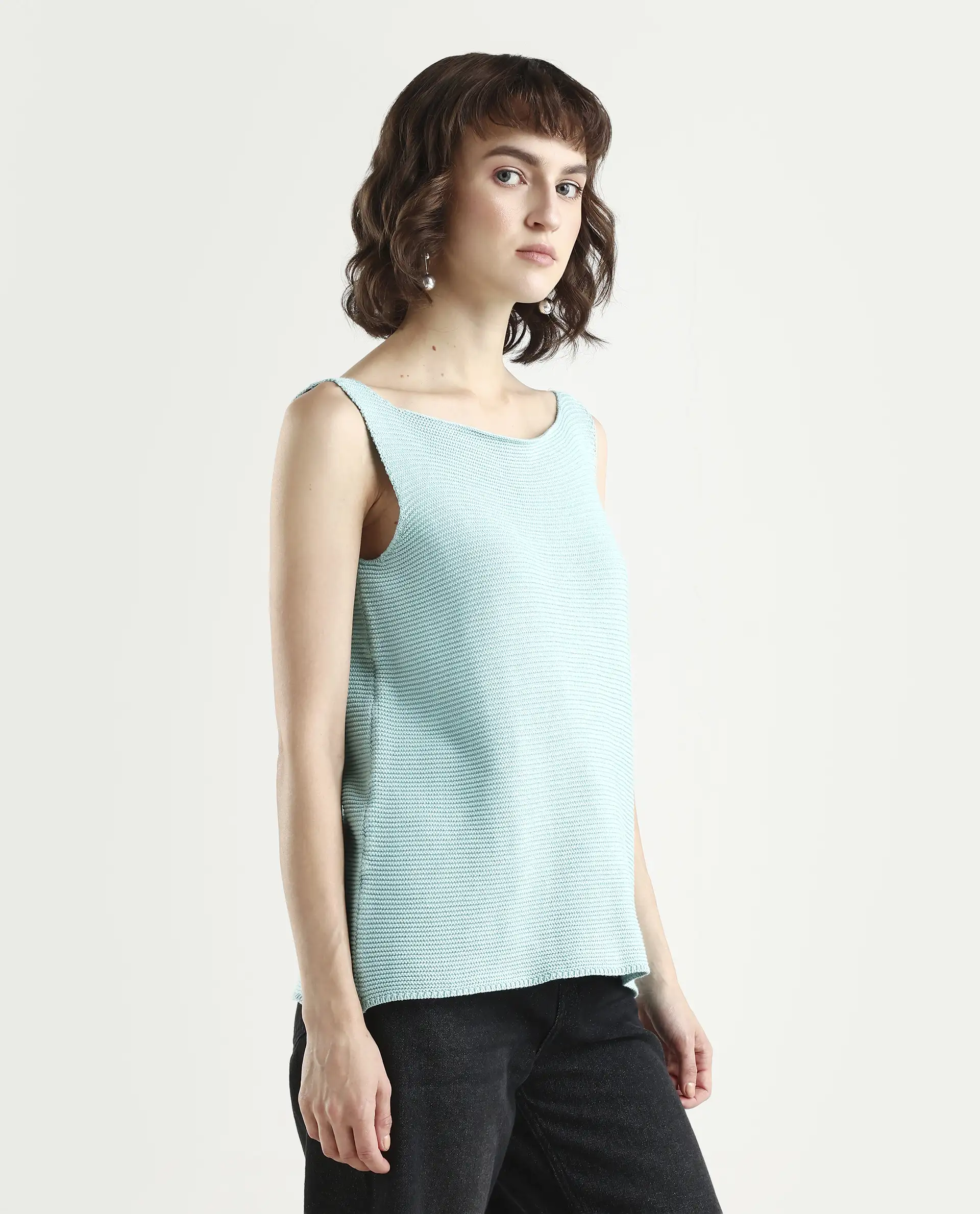 Rareism Women's Prewig Light Blue Cotton Scoop Neck Plain Sleeveless Regular Fit Top - Image 5