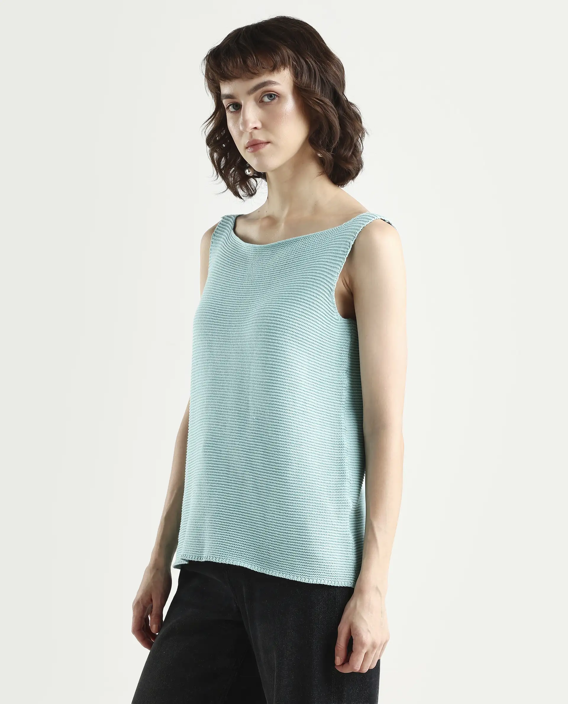 Rareism Women's Prewig Light Blue Cotton Scoop Neck Plain Sleeveless Regular Fit Top - Image 6