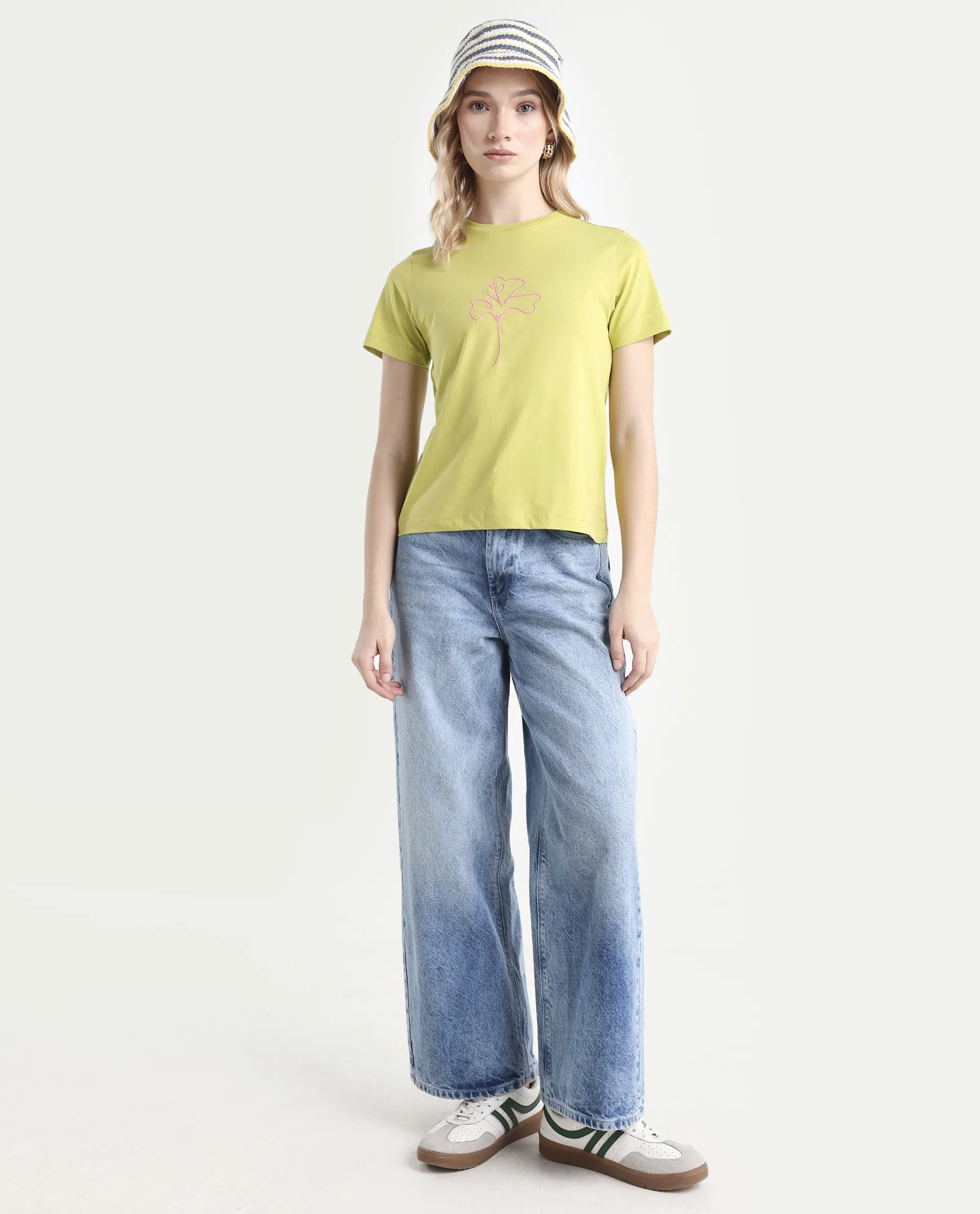 Rareism Women's Prex Light Green Cotton Blend Crew Neck Floral Print Regular Fit T-Shirt - Image 2
