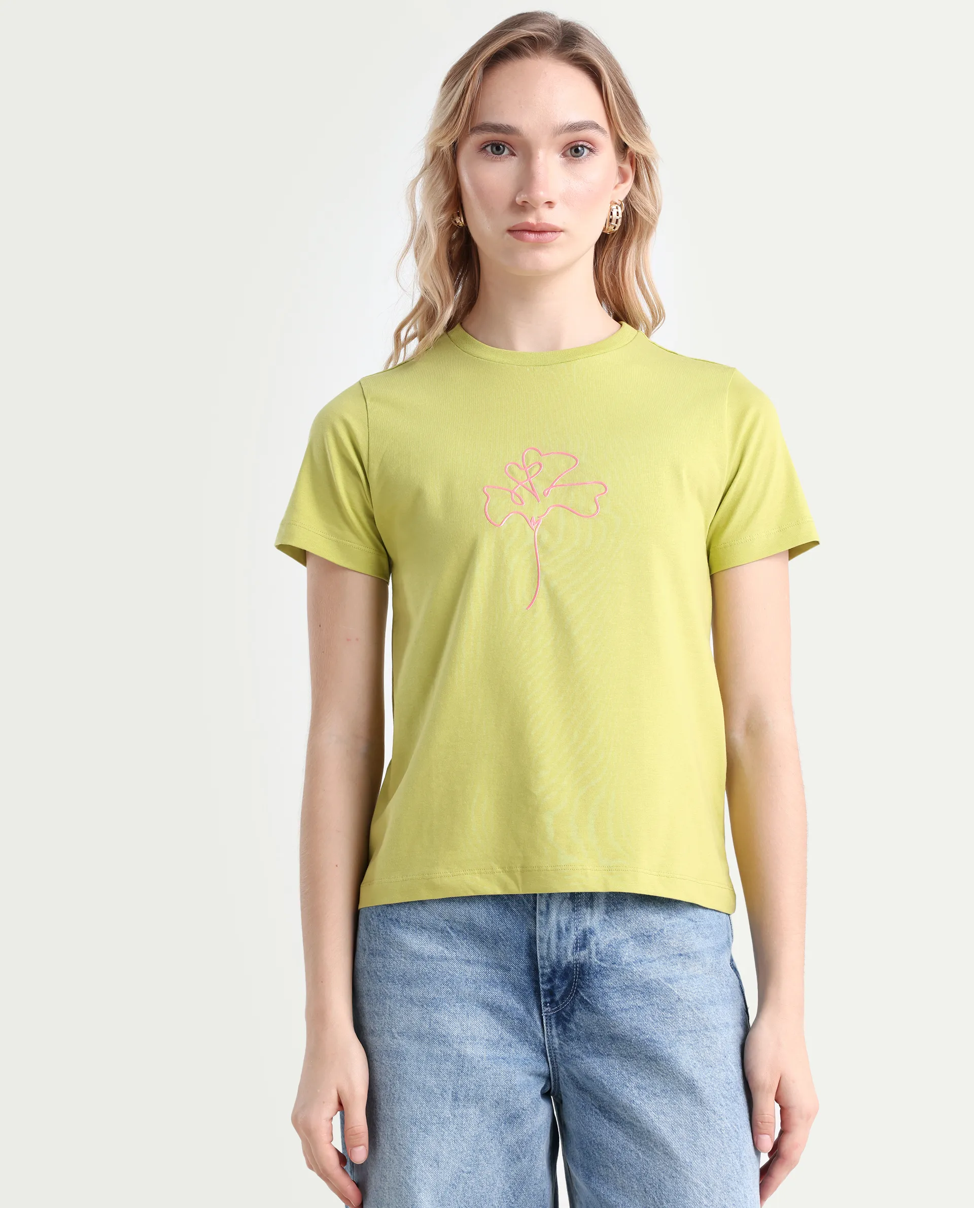 Rareism Women's Prex Light Green Cotton Blend Crew Neck Floral Print Regular Fit T-Shirt - Image 3