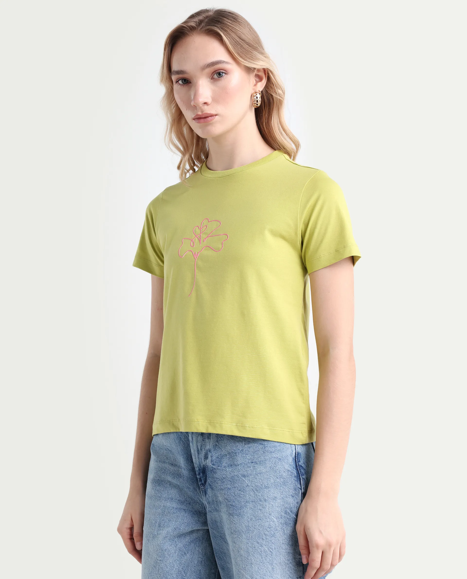 Rareism Women's Prex Light Green Cotton Blend Crew Neck Floral Print Regular Fit T-Shirt - Image 5