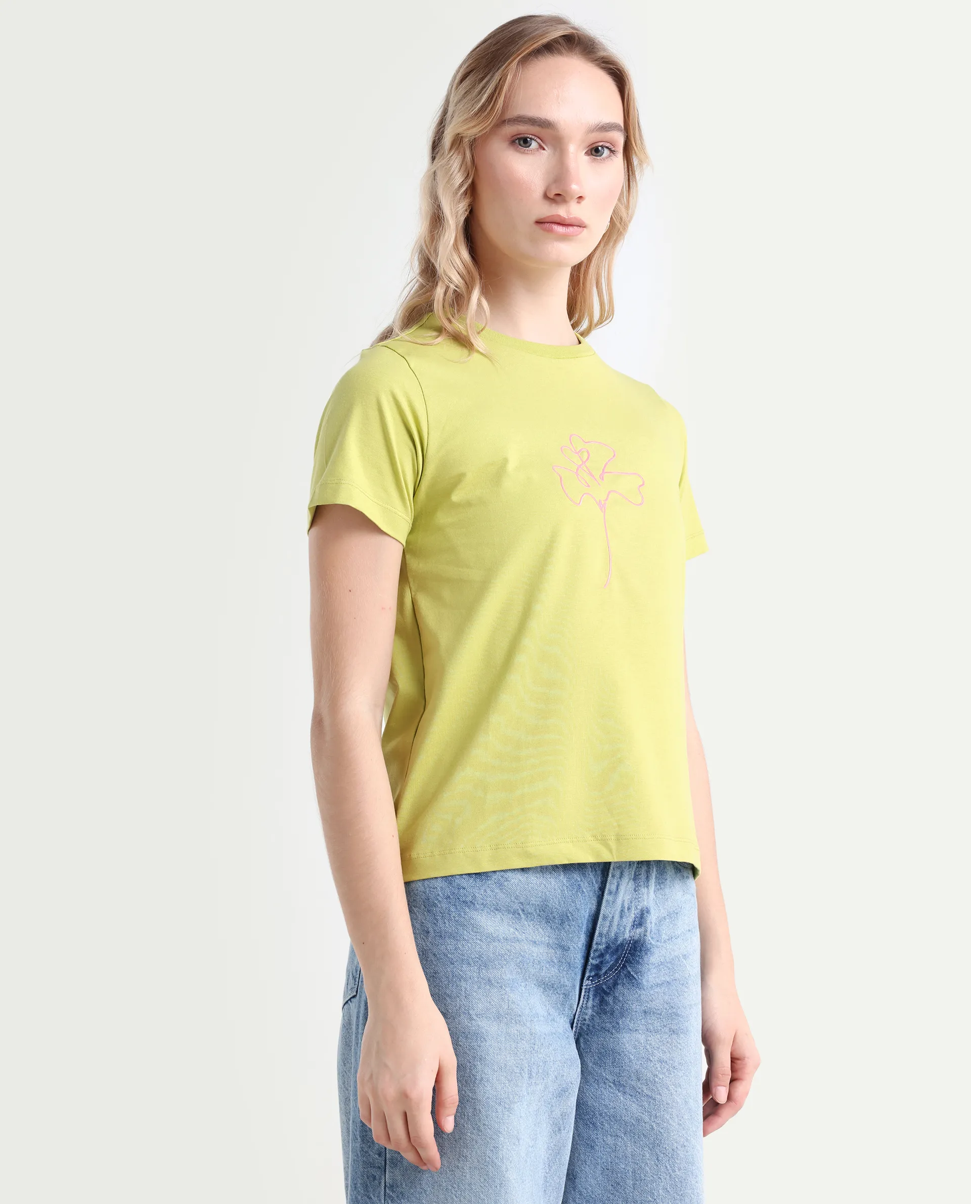 Rareism Women's Prex Light Green Cotton Blend Crew Neck Floral Print Regular Fit T-Shirt - Image 6
