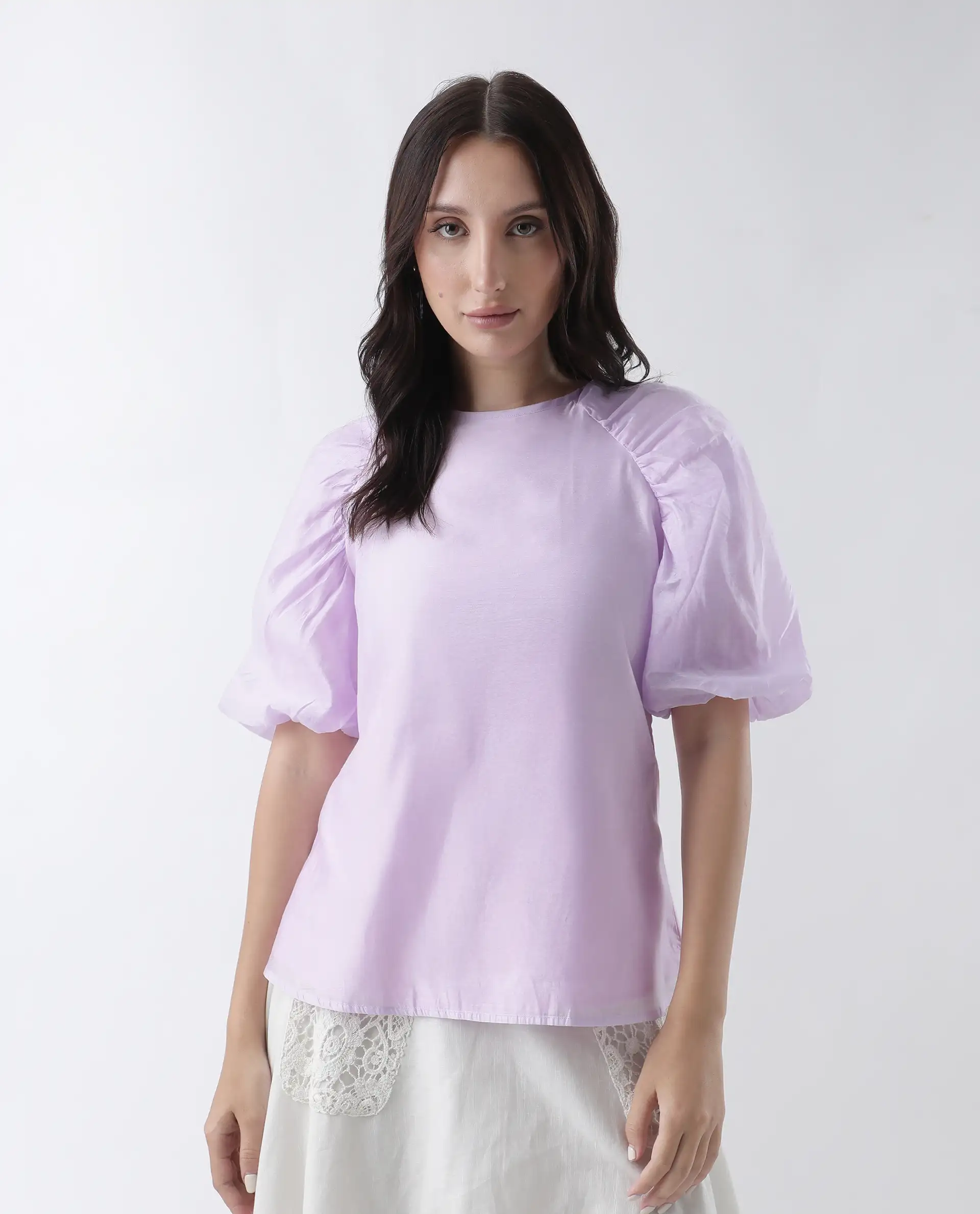 Rareism Women's Prexner Purple Viscose Blend Crew Neck Plain Balloon Sleeve Regular Fit Top - Image 2