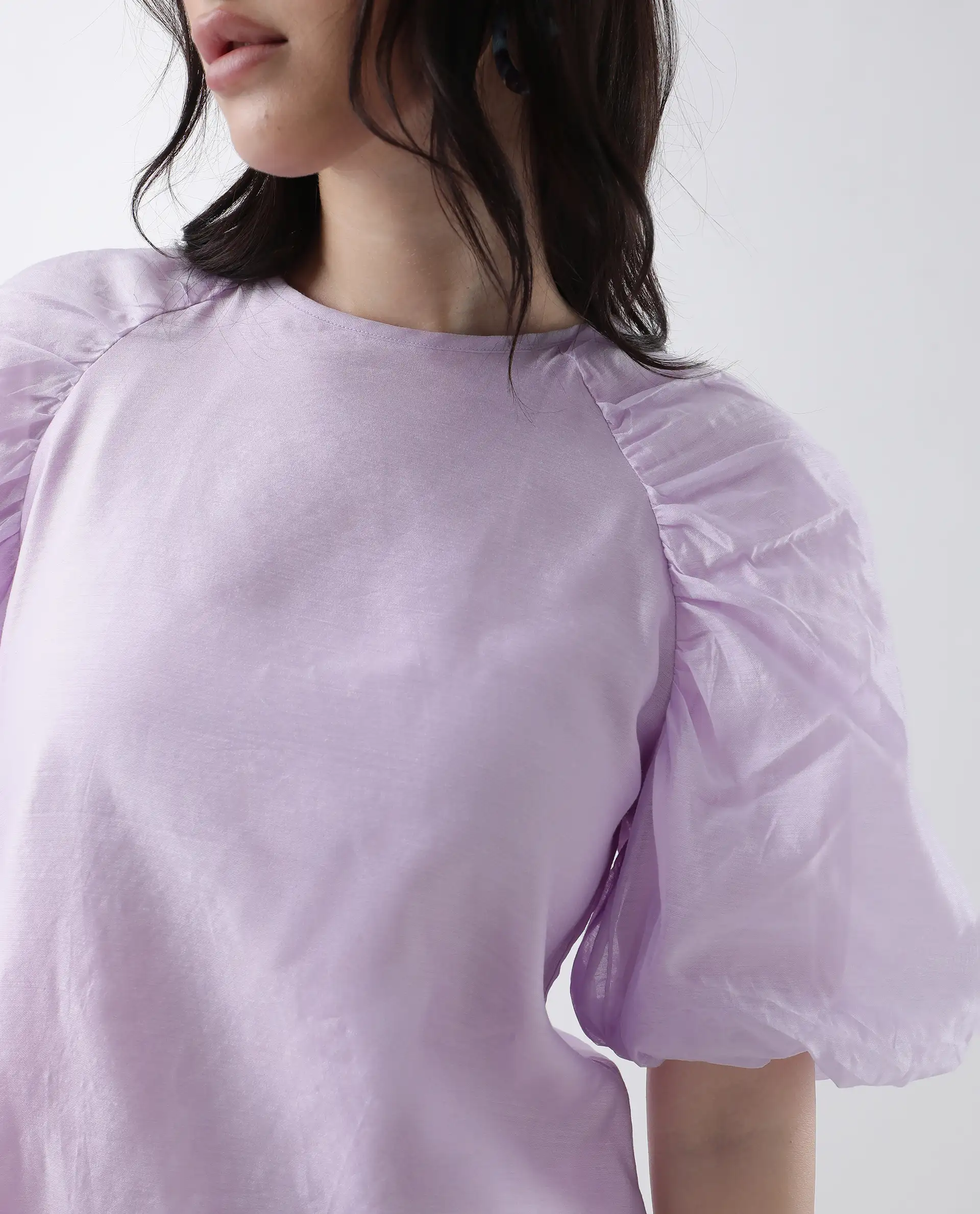 Rareism Women's Prexner Purple Viscose Blend Crew Neck Plain Balloon Sleeve Regular Fit Top - Image 3