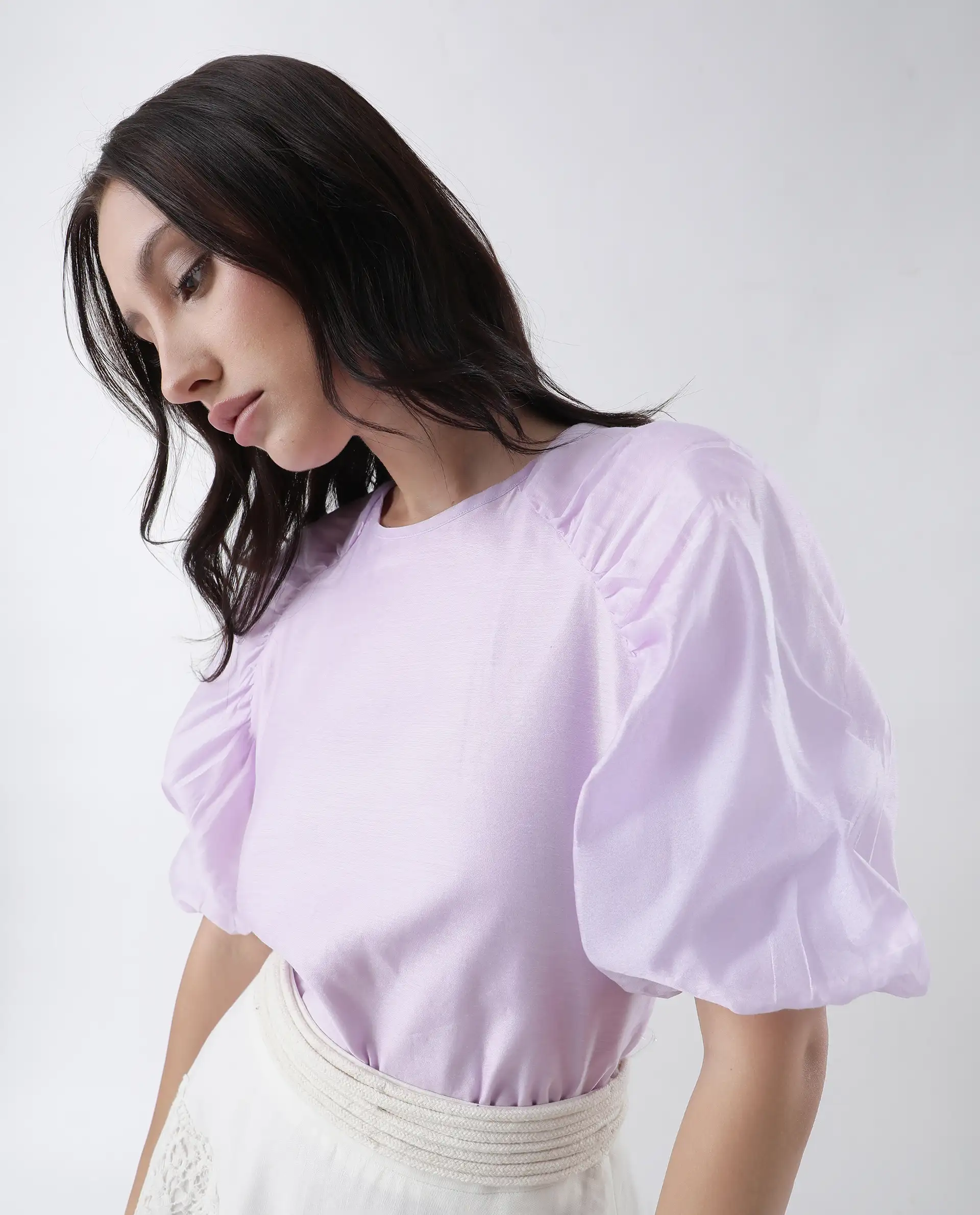 Rareism Women's Prexner Purple Viscose Blend Crew Neck Plain Balloon Sleeve Regular Fit Top - Image 4