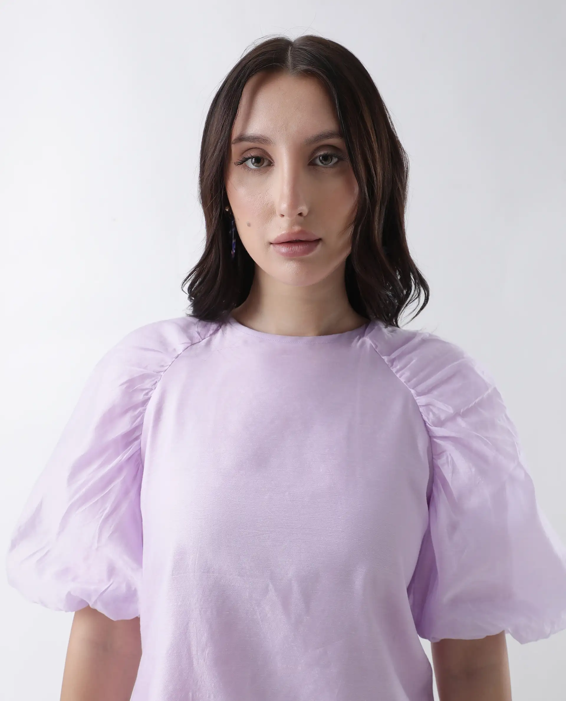 Rareism Women's Prexner Purple Viscose Blend Crew Neck Plain Balloon Sleeve Regular Fit Top - Image 5