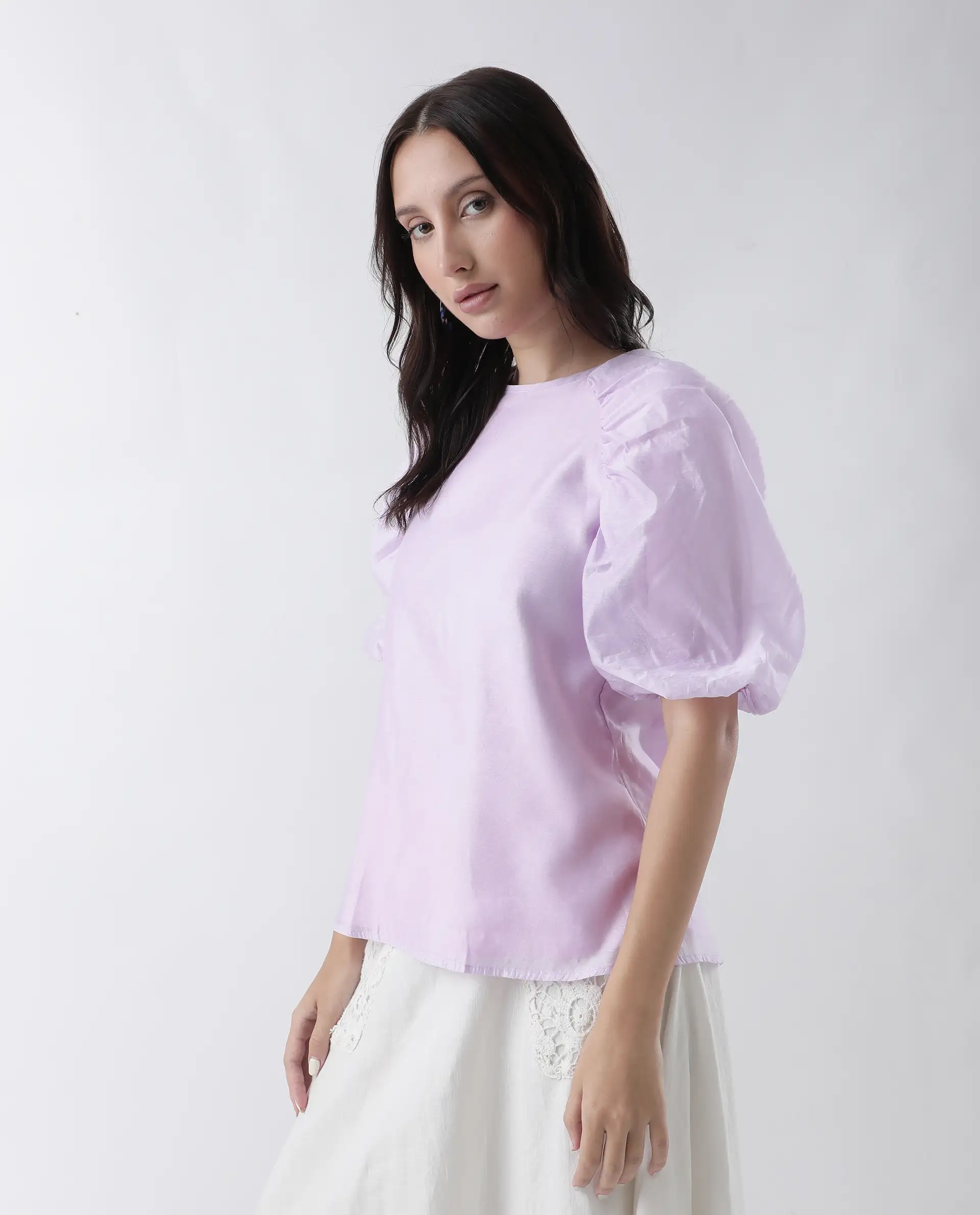 Rareism Women's Prexner Purple Viscose Blend Crew Neck Plain Balloon Sleeve Regular Fit Top - Image 6