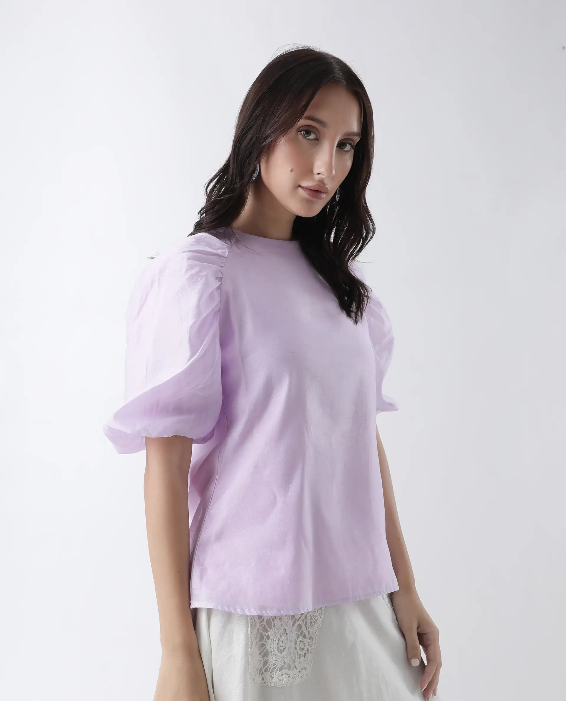 Rareism Women's Prexner Purple Viscose Blend Crew Neck Plain Balloon Sleeve Regular Fit Top - Image 7