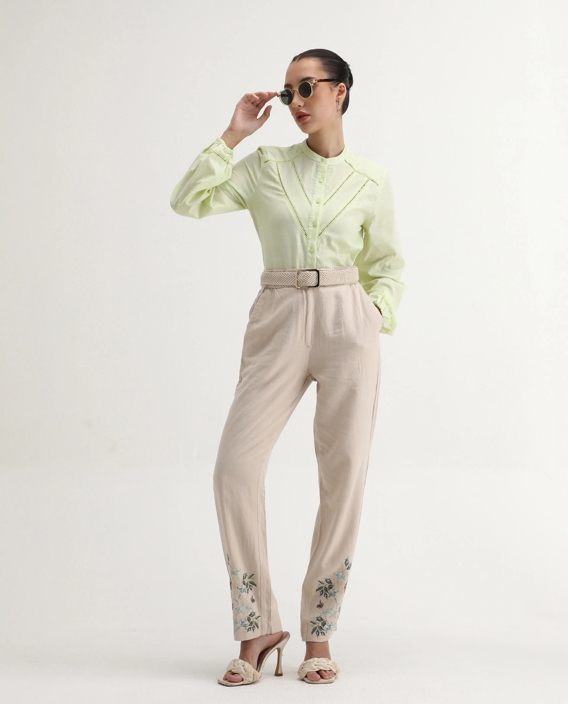 Rareism Women's Preyay Green Cotton Ruffled Neck Plain Bishop Sleeve Regular Fit Shirt - Image 2