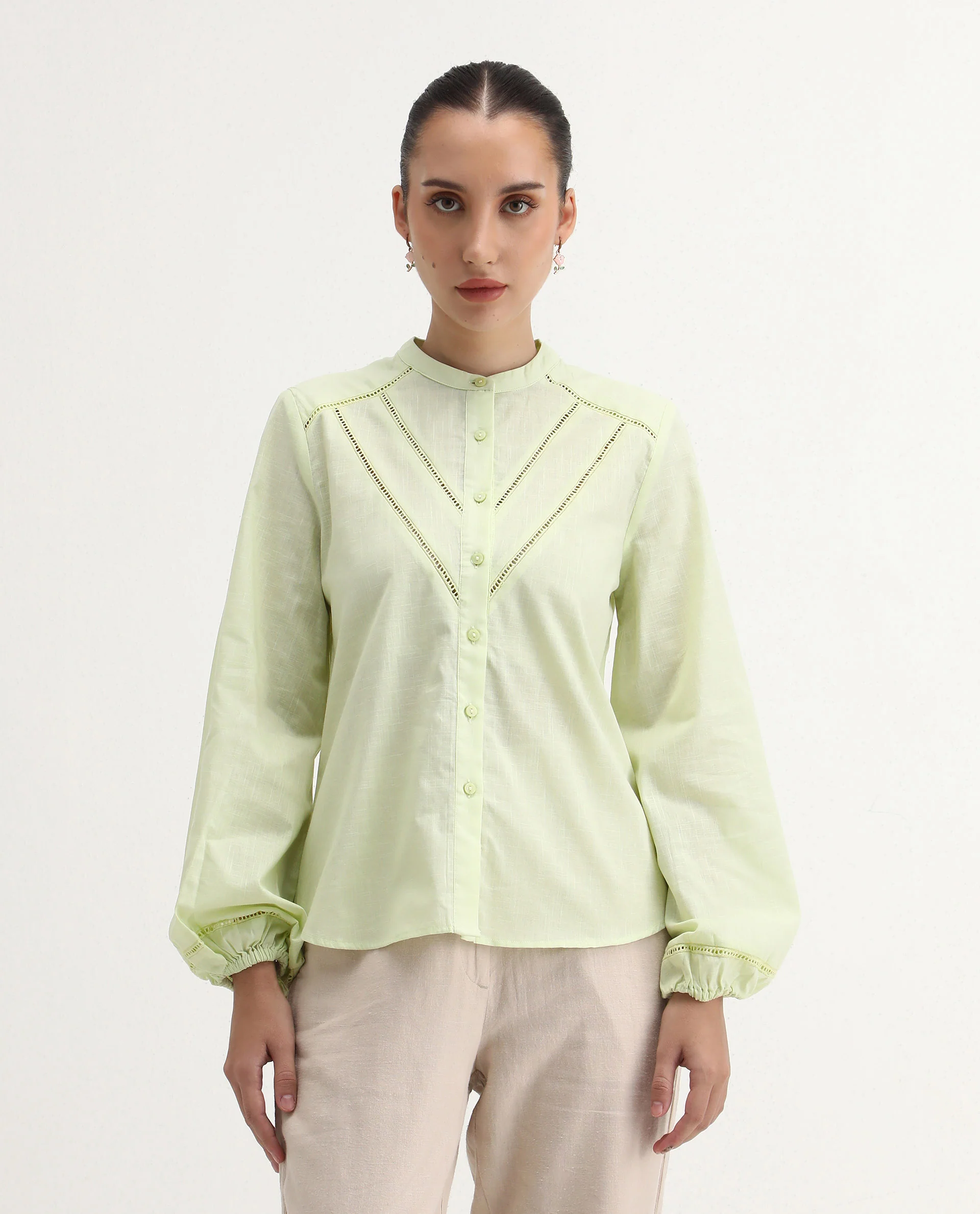 Rareism Women's Preyay Green Cotton Ruffled Neck Plain Bishop Sleeve Regular Fit Shirt - Image 3