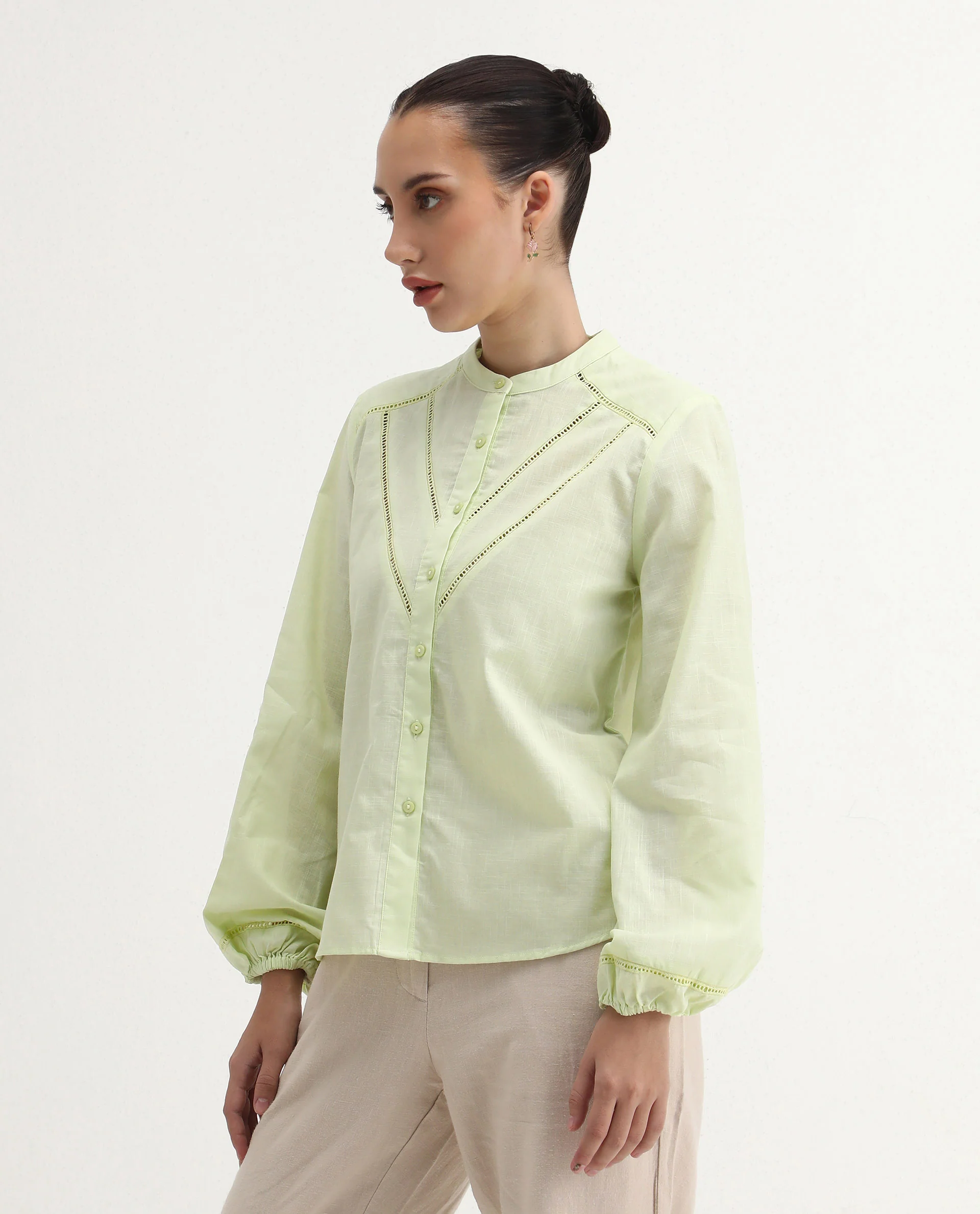 Rareism Women's Preyay Green Cotton Ruffled Neck Plain Bishop Sleeve Regular Fit Shirt - Image 4
