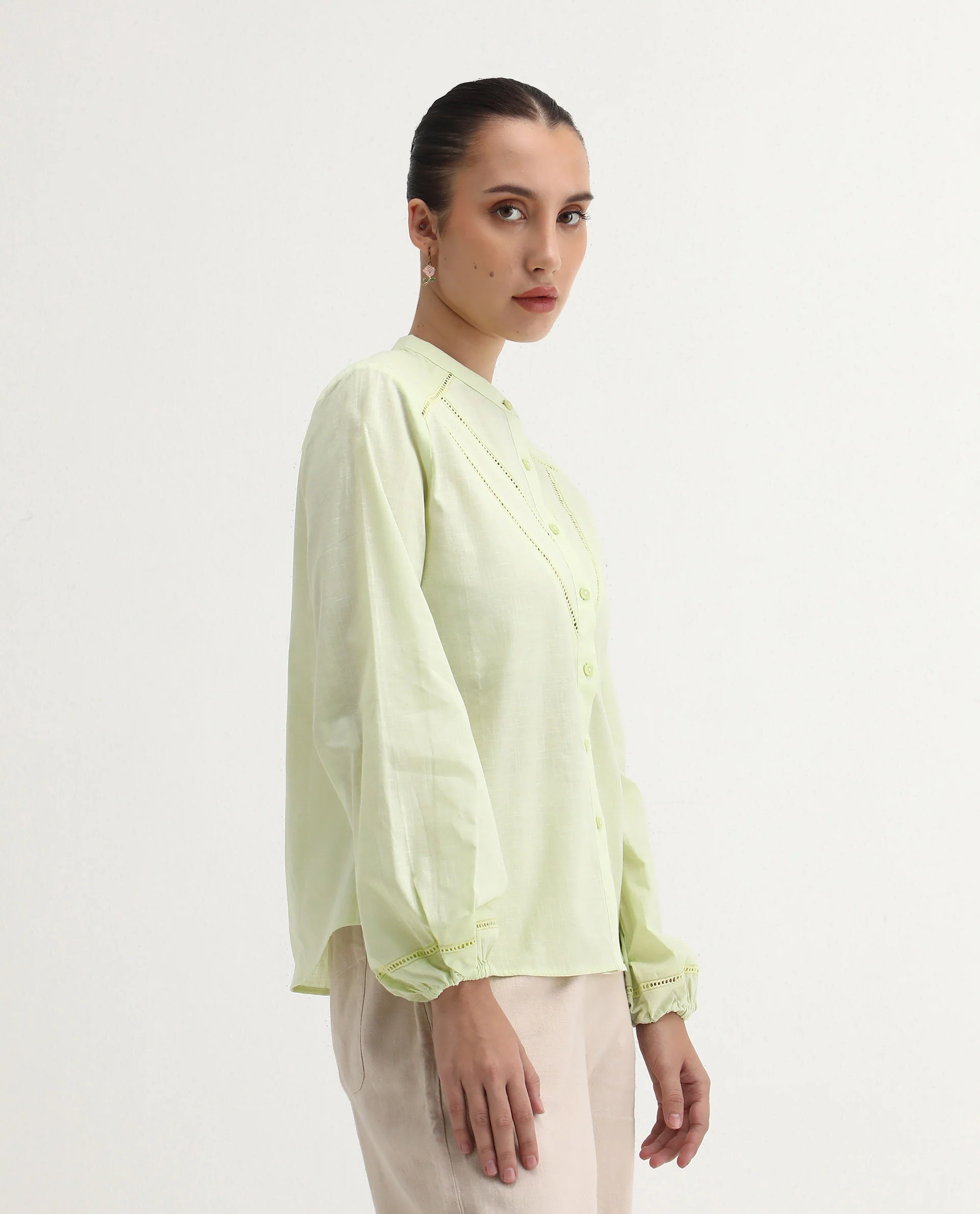 Rareism Women's Preyay Green Cotton Ruffled Neck Plain Bishop Sleeve Regular Fit Shirt - Image 5
