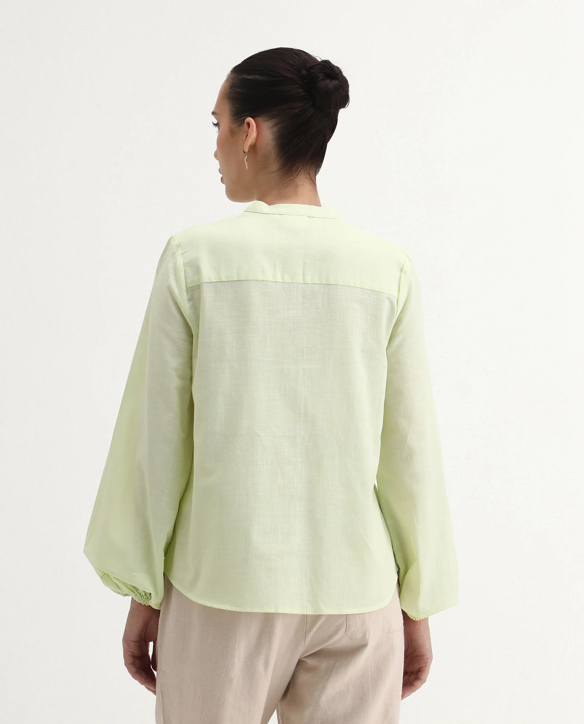 Rareism Women's Preyay Green Cotton Ruffled Neck Plain Bishop Sleeve Regular Fit Shirt - Image 6