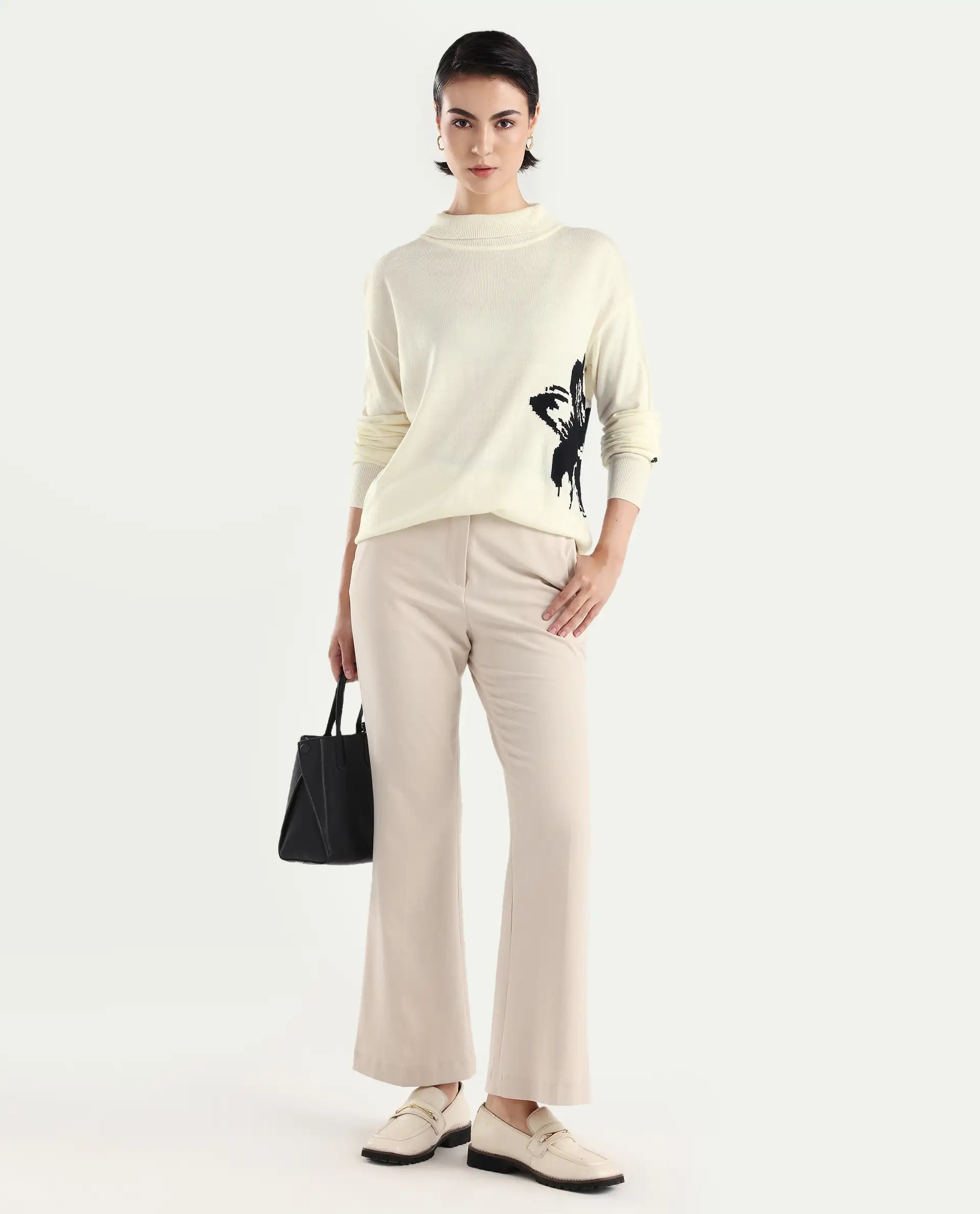 Rareism Women's Priana Off White Acrylic Turtle Neck Floral Print Relaxed Fit Sweater - Image 2