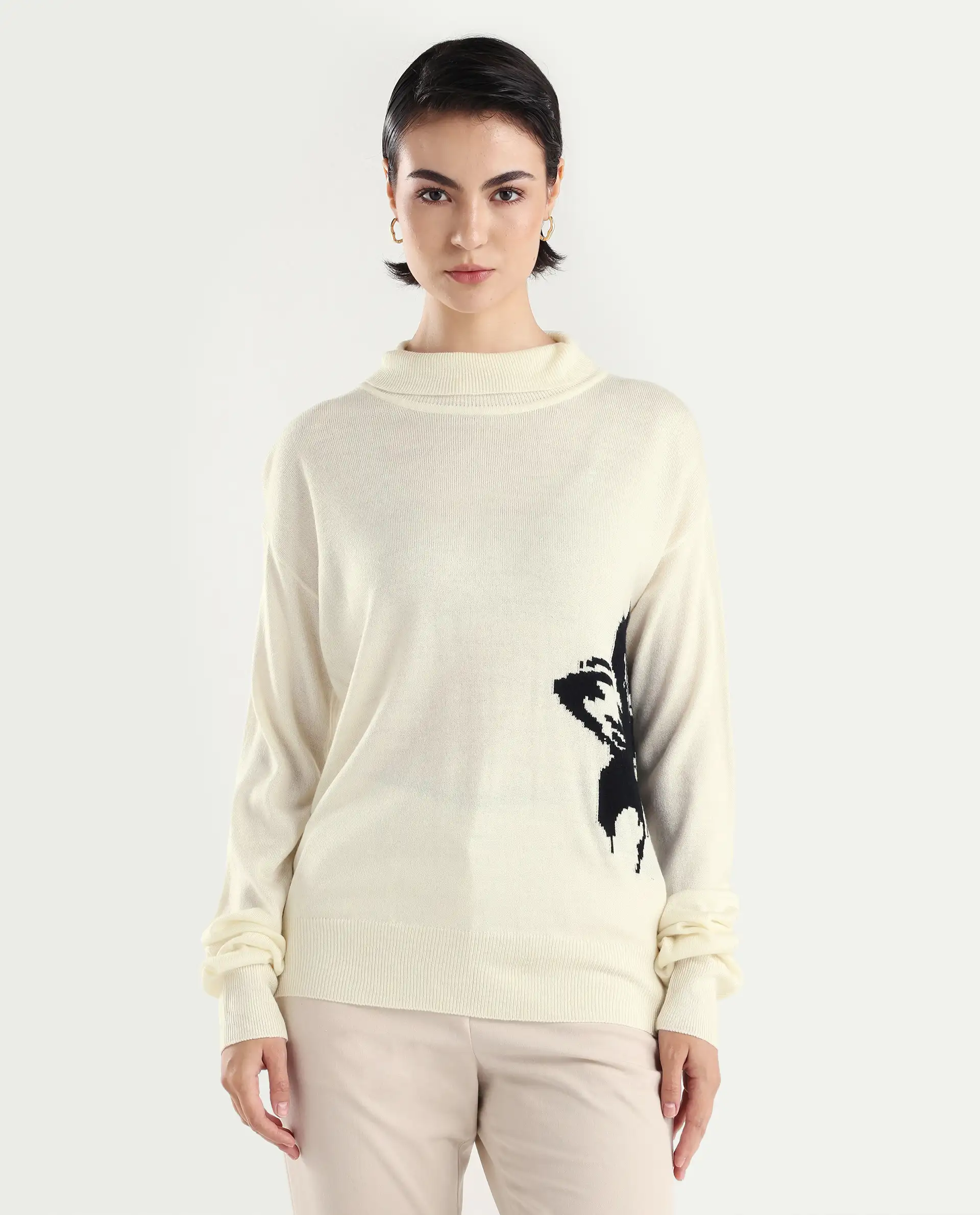 Rareism Women's Priana Off White Acrylic Turtle Neck Floral Print Relaxed Fit Sweater - Image 3