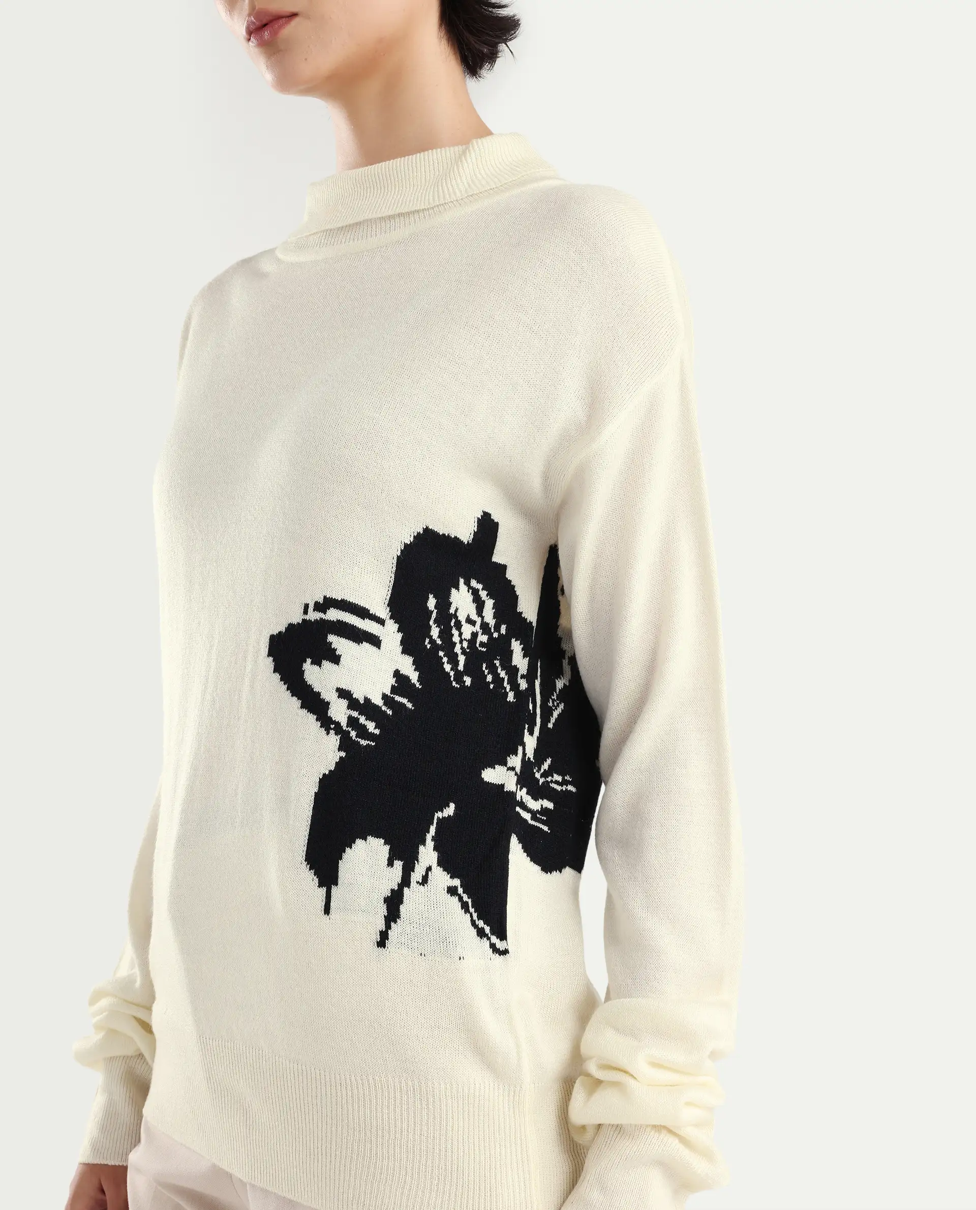 Rareism Women's Priana Off White Acrylic Turtle Neck Floral Print Relaxed Fit Sweater - Image 4