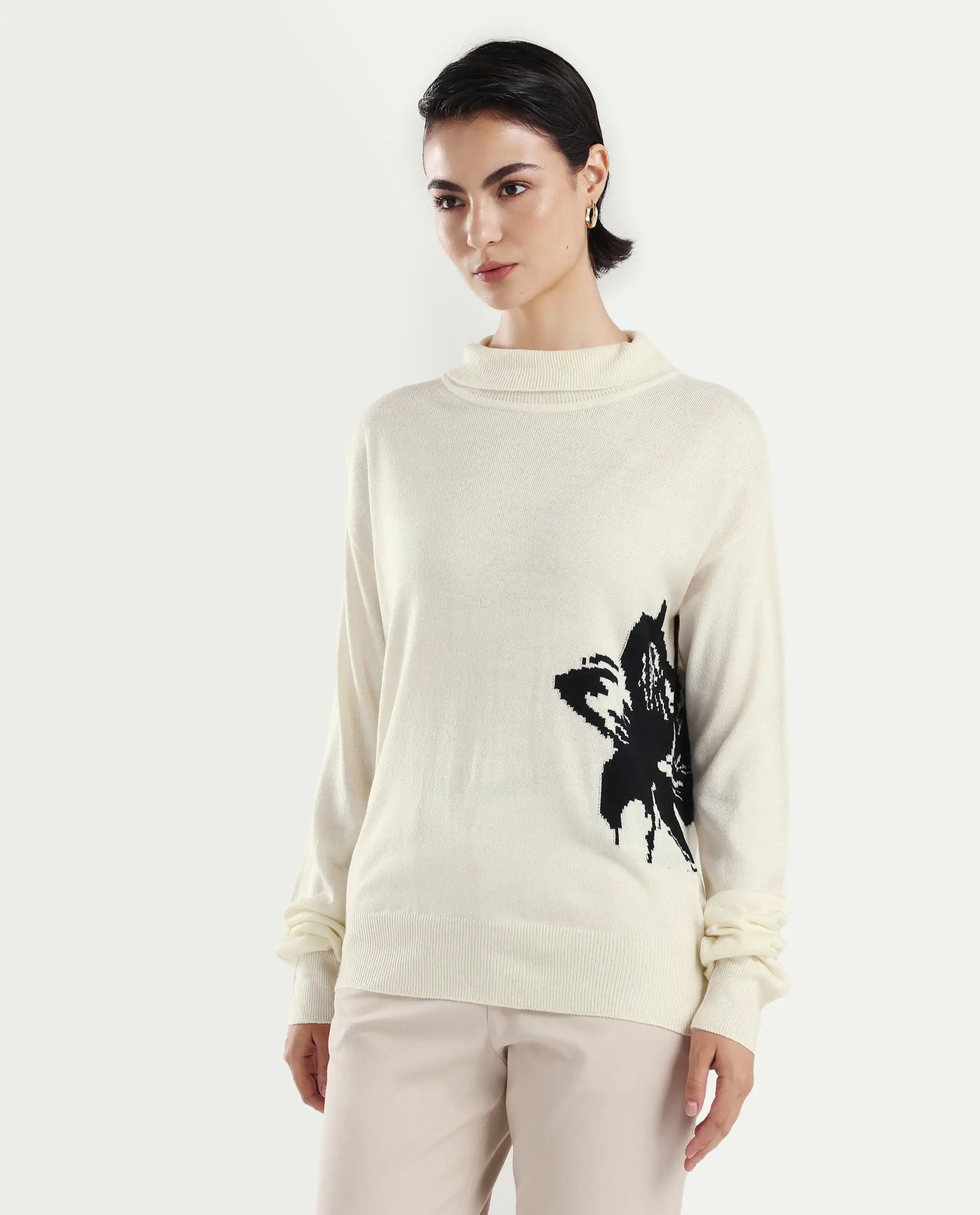 Rareism Women's Priana Off White Acrylic Turtle Neck Floral Print Relaxed Fit Sweater - Image 5