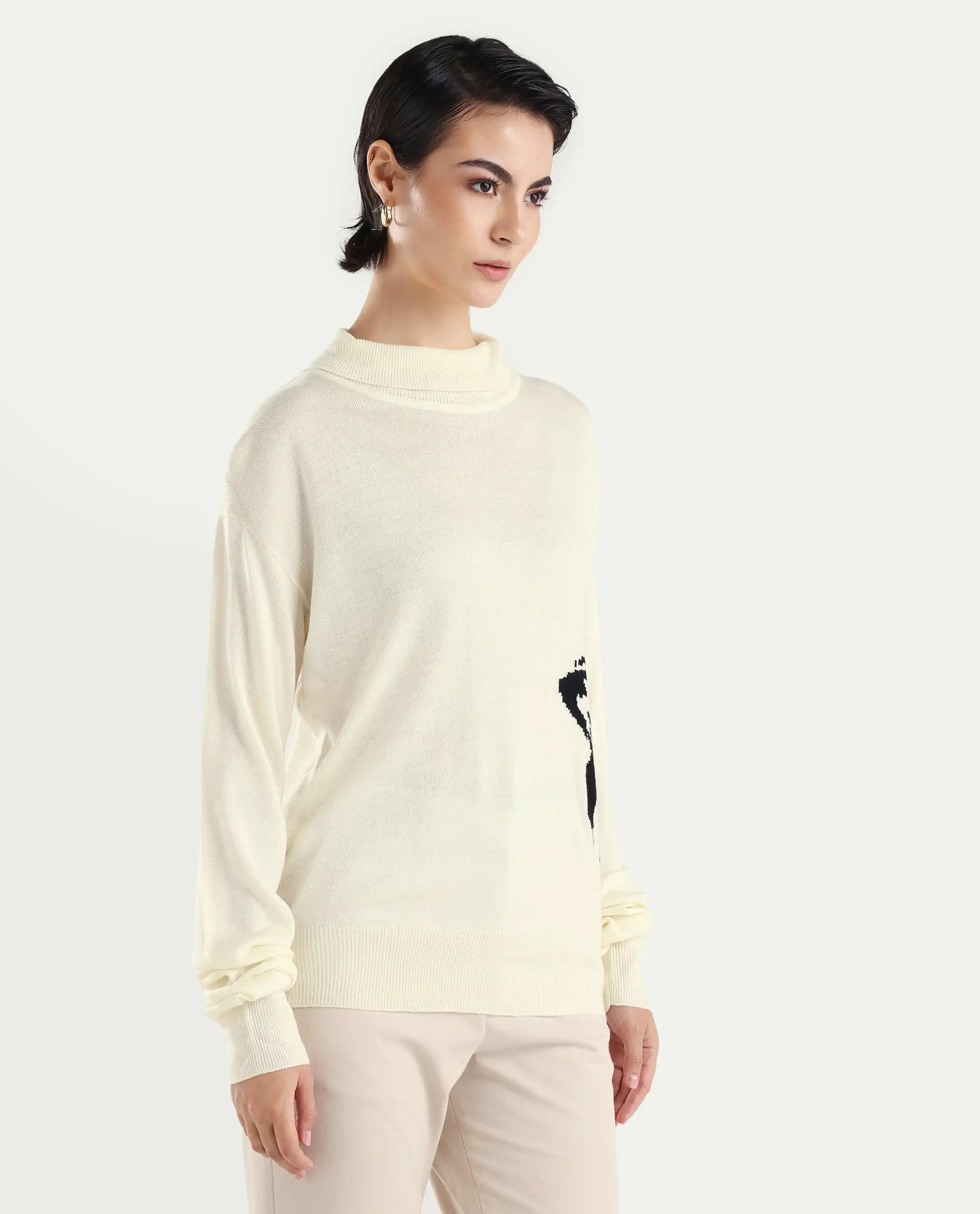 Rareism Women's Priana Off White Acrylic Turtle Neck Floral Print Relaxed Fit Sweater - Image 6