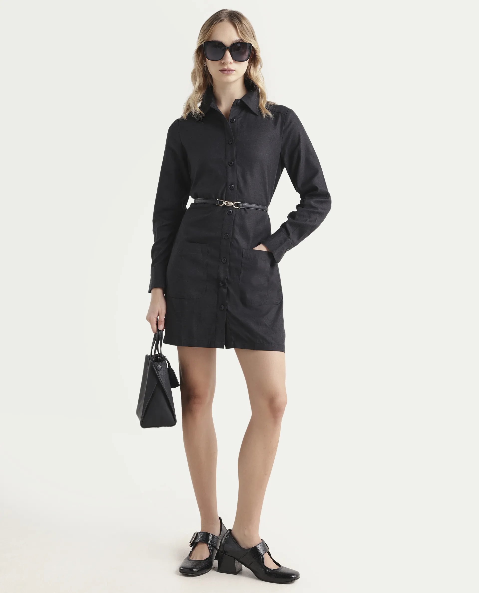 Rareism Women's Pricot Black Polyester Spread Collar Plain Cuffed Sleeve Mini Regular Fit Dress - Image 2