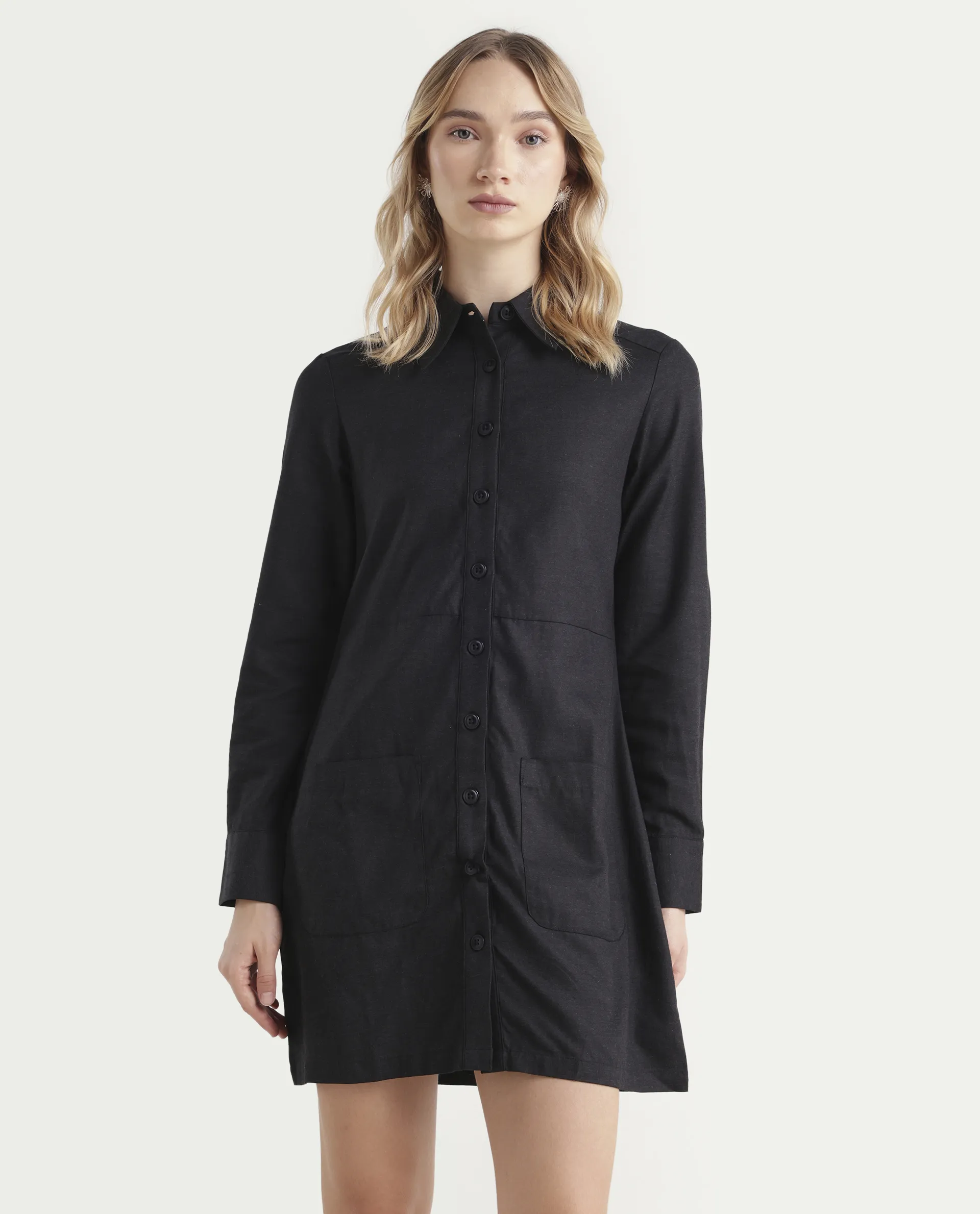 Rareism Women's Pricot Black Polyester Spread Collar Plain Cuffed Sleeve Mini Regular Fit Dress - Image 3