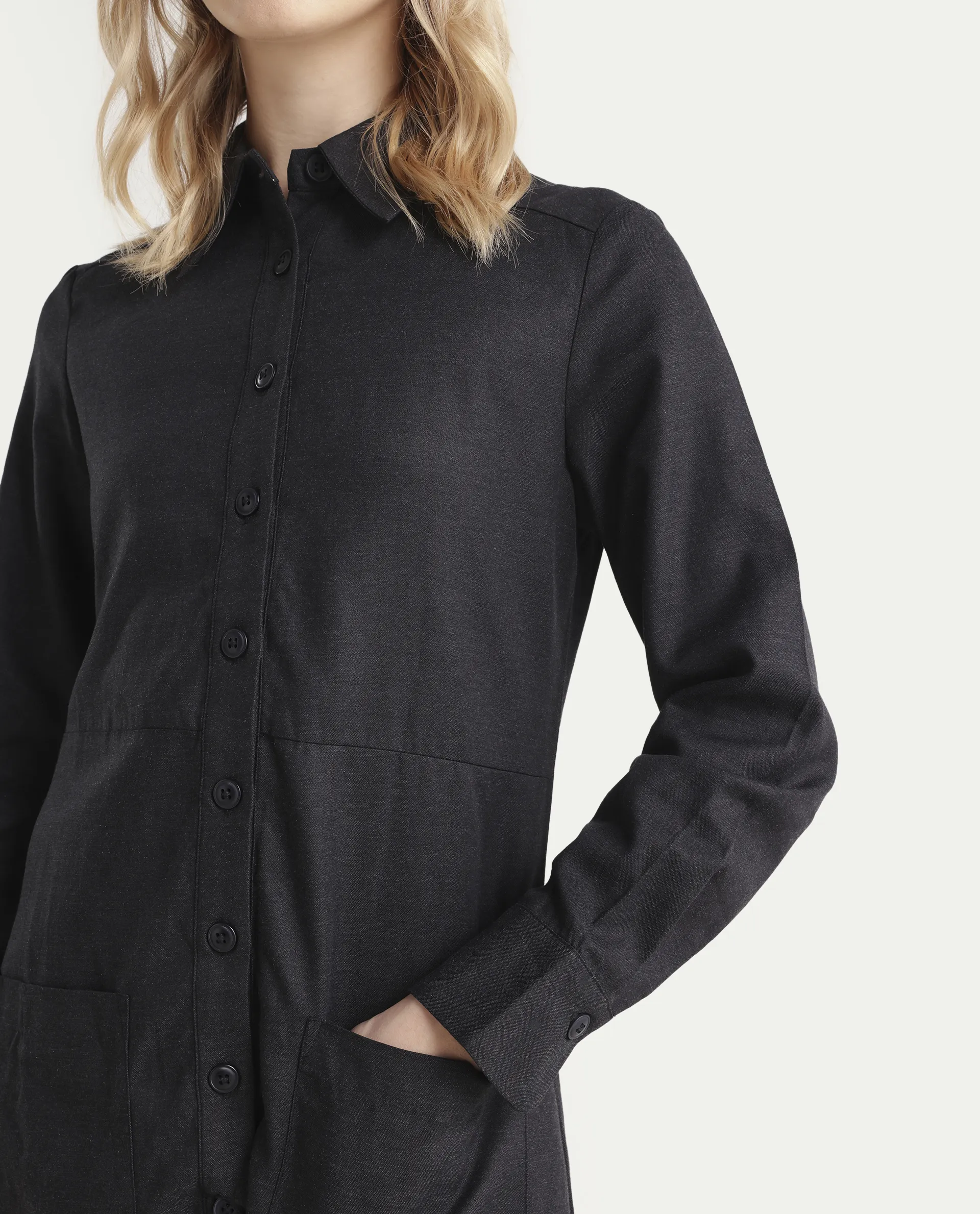 Rareism Women's Pricot Black Polyester Spread Collar Plain Cuffed Sleeve Mini Regular Fit Dress - Image 4