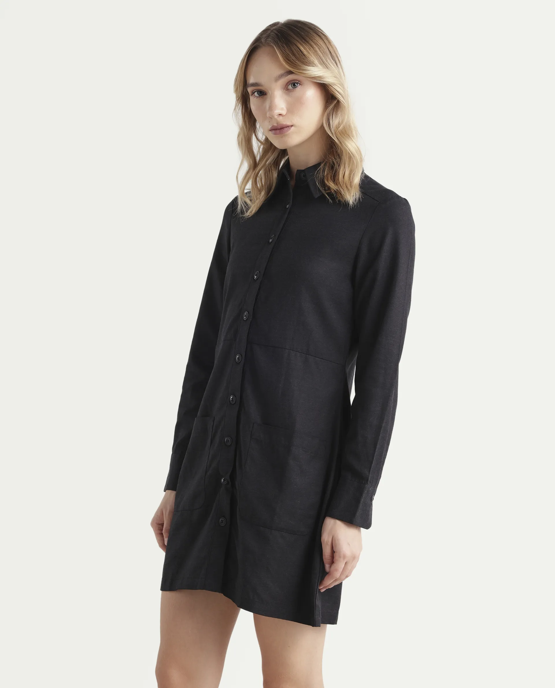 Rareism Women's Pricot Black Polyester Spread Collar Plain Cuffed Sleeve Mini Regular Fit Dress - Image 5
