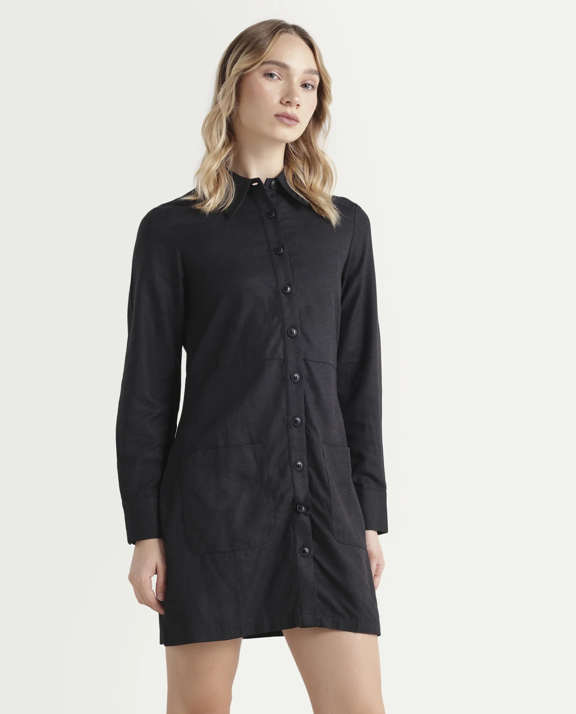 Rareism Women's Pricot Black Polyester Spread Collar Plain Cuffed Sleeve Mini Regular Fit Dress - Image 6